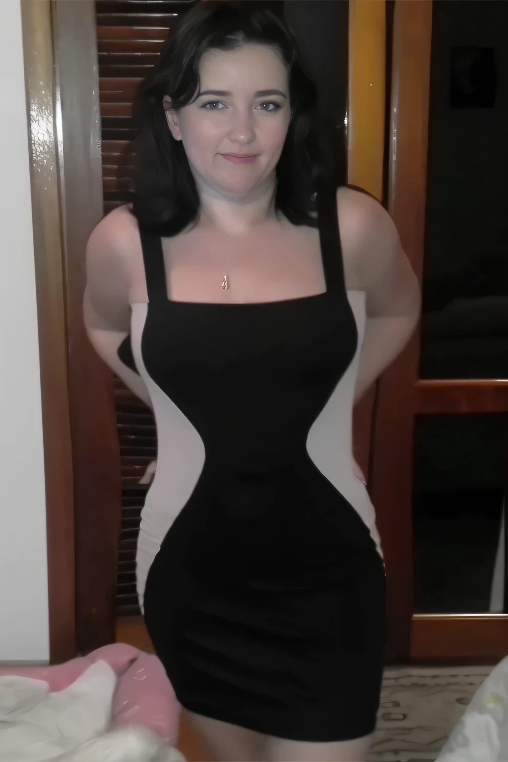 arafed woman in a black and white dress standing in a room, wearing a tight black dress, wearing black dress, curvy hourglass figure, wearing a black dress, wearing a cocktail dress, hourglass figure, full body in view, full body length shot, full body close-up shot, full body shot close up, hourglass slim figure