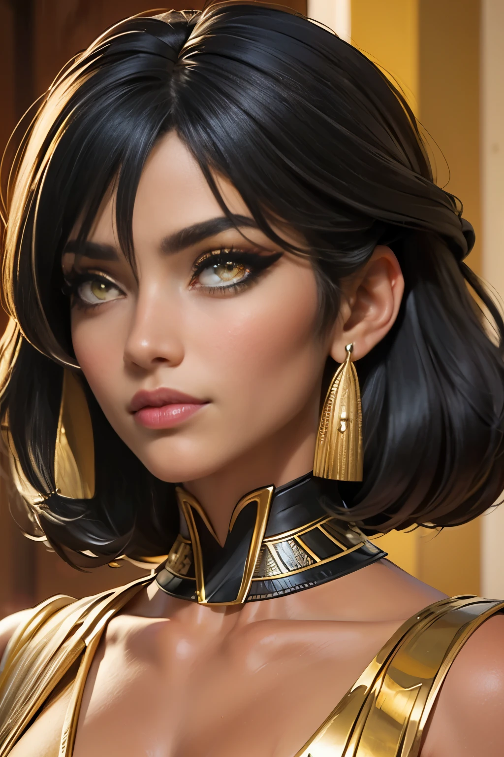 hyper realistic portrait shot of a beautiful egyptian queen, looking down proudly on the camera with her (expressive yellow eyes), tanned skin tone , thin nose, thick kissable parted lips , (black blunt bob hair with braided bangs), golden accessories and jewelries , (thick eyeliner), (eye makeup),