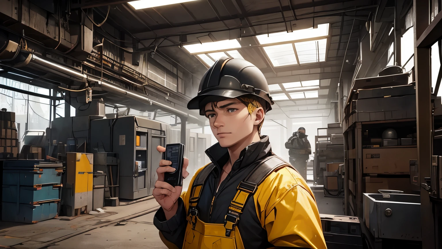 with the same previous character create this image: In the atmosphere filled with the scent of oil and metallic sounds of a mechanical workshop, the scene focuses on the right hand of an operator dressed in overalls and a yellow helmet. The view is in first person, as if we are looking through the eyes of the operator. The right hand is in the foreground and appears to firmly grip an industrial remote control, but in reality, there is nothing held in hand. It's just an illusion, a suggestion of the operator's mind accustomed to maneuvering machinery with such devices. In the background, the machinery works tirelessly, while the operator, with his outstretched hand, seems to command the surrounding environment even without a tangible object between his fingers. The scene captures the idea of power and control that the operator exerts, even just with the suggestion of the presence of the remote control.