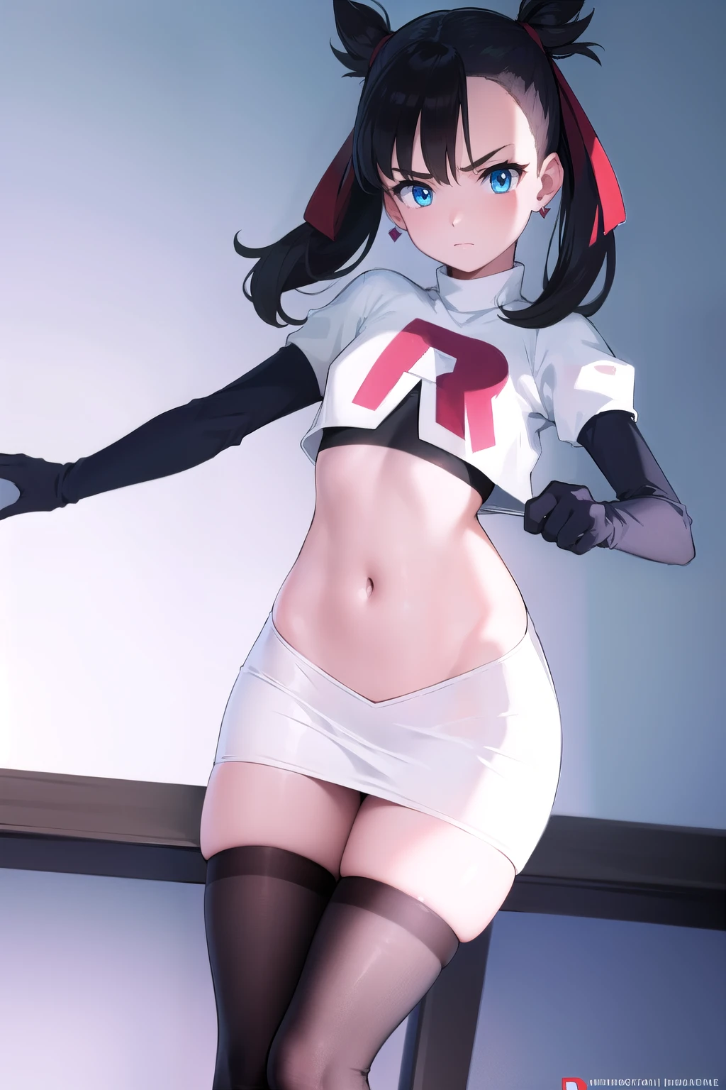 pokemonmarnie, pokemonmarnie, aqua eyes, asymmetrical bangs, asymmetrical hair, black hair, hair ribbon, long hair, red ribbon, ribbon, twintails, (small breasts:1.2),
BREAK earrings, jewelry, team rocket,team rocket uniform, red letter R, white skirt,white crop top,black thigh-highs,black elbow gloves
BREAK looking at viewer,
BREAK (masterpiece:1.2), best quality, high resolution, unity 8k wallpaper, (illustration:0.8), (beautiful detailed eyes:1.6), extremely detailed face, perfect lighting, extremely detailed CG, (perfect hands, perfect anatomy),