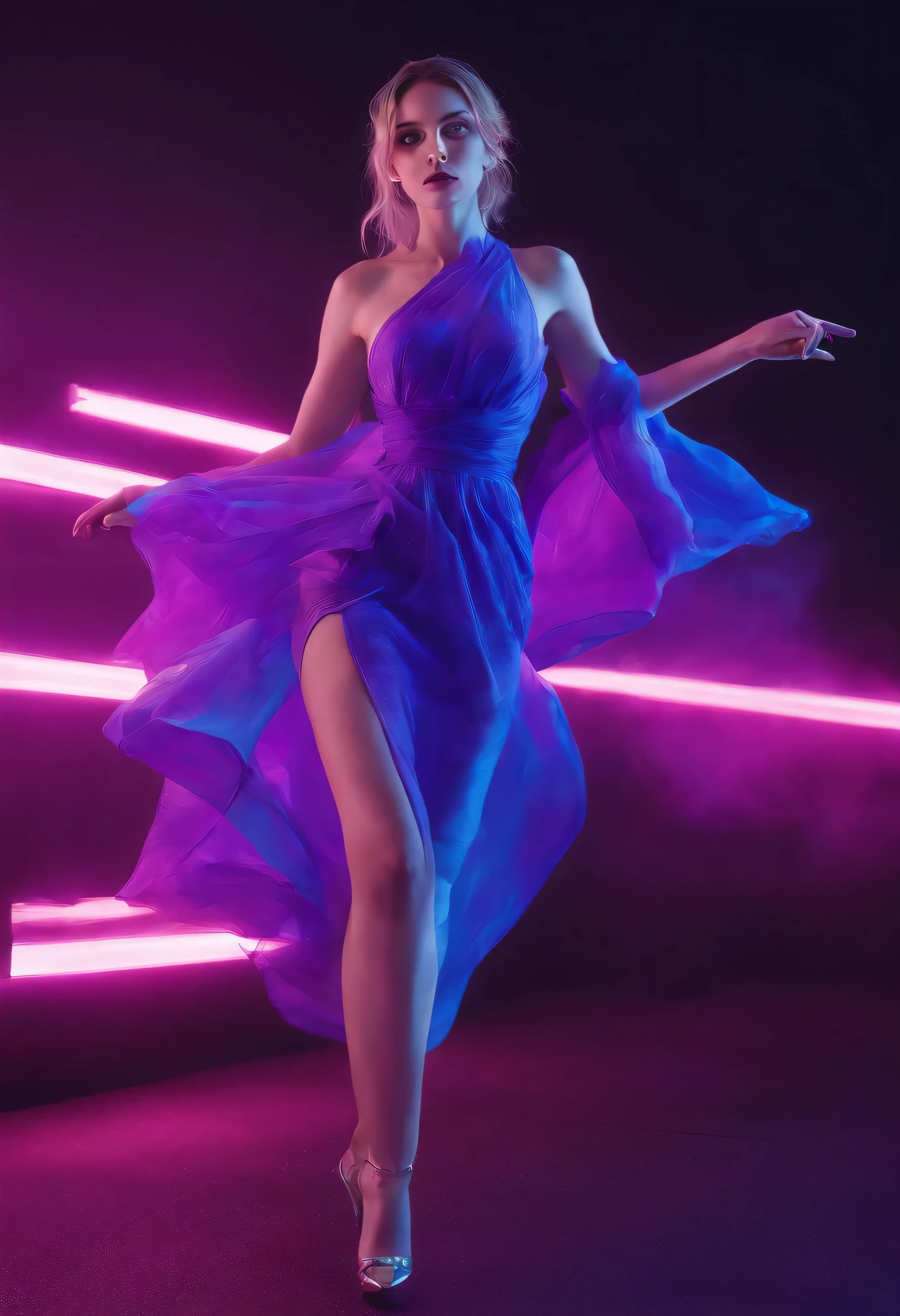 Full body shot from the front of a beautiful young woman in an airy, fluorescent purple dress., high-heels, at the night party, action, light blue, neon, movement, Realistic picture