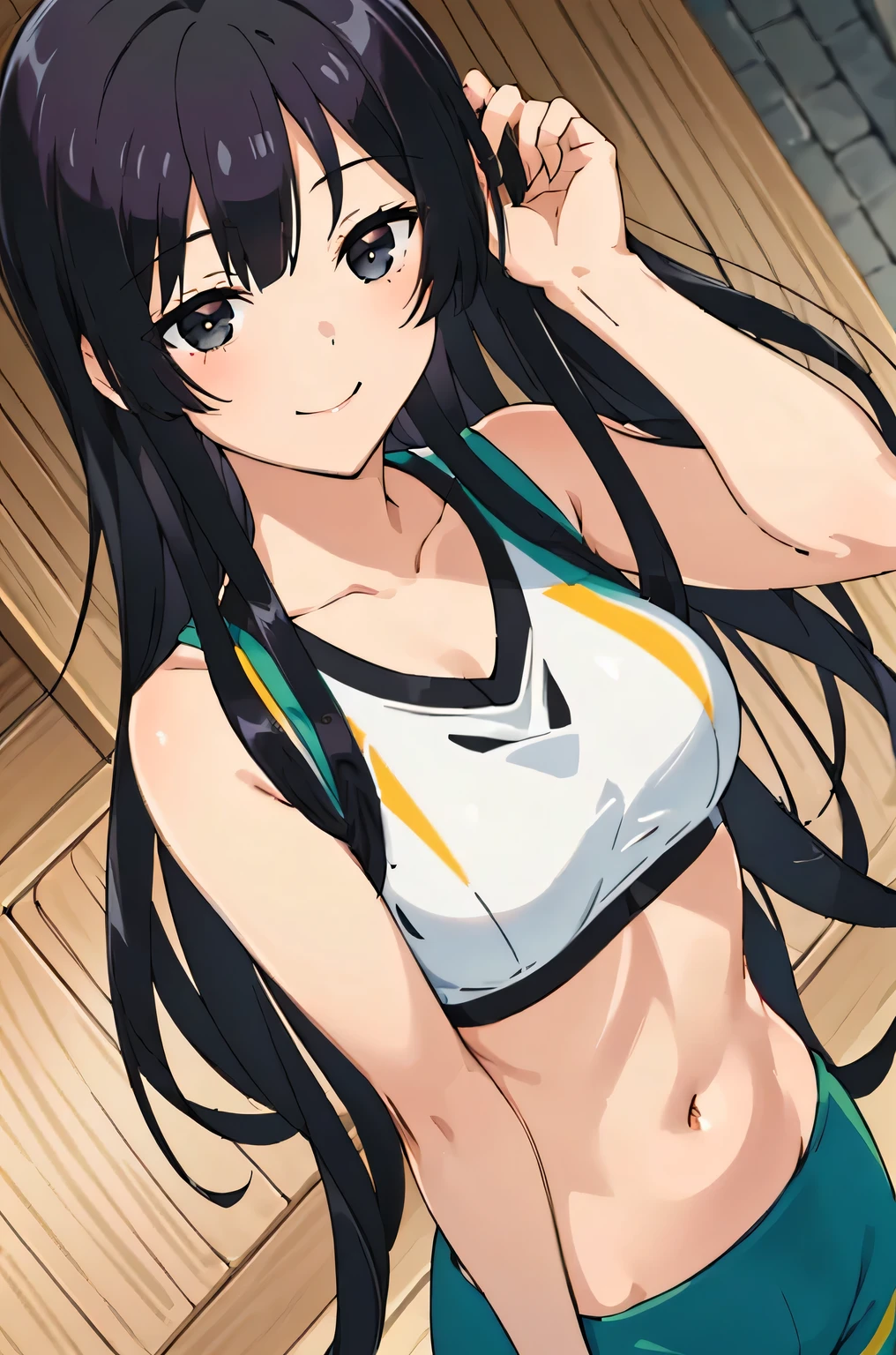 black eyes,black hair,masterpiece, best quality, photorealistic, yujiasuit, yoga sports bra, yoga pants, 1girl, solo, , yoga ball, pants, looking at viewer, smile, green sports bra, simple background, , midriff, long hair, breasts, green pants, sportswear, tank top, upper body,