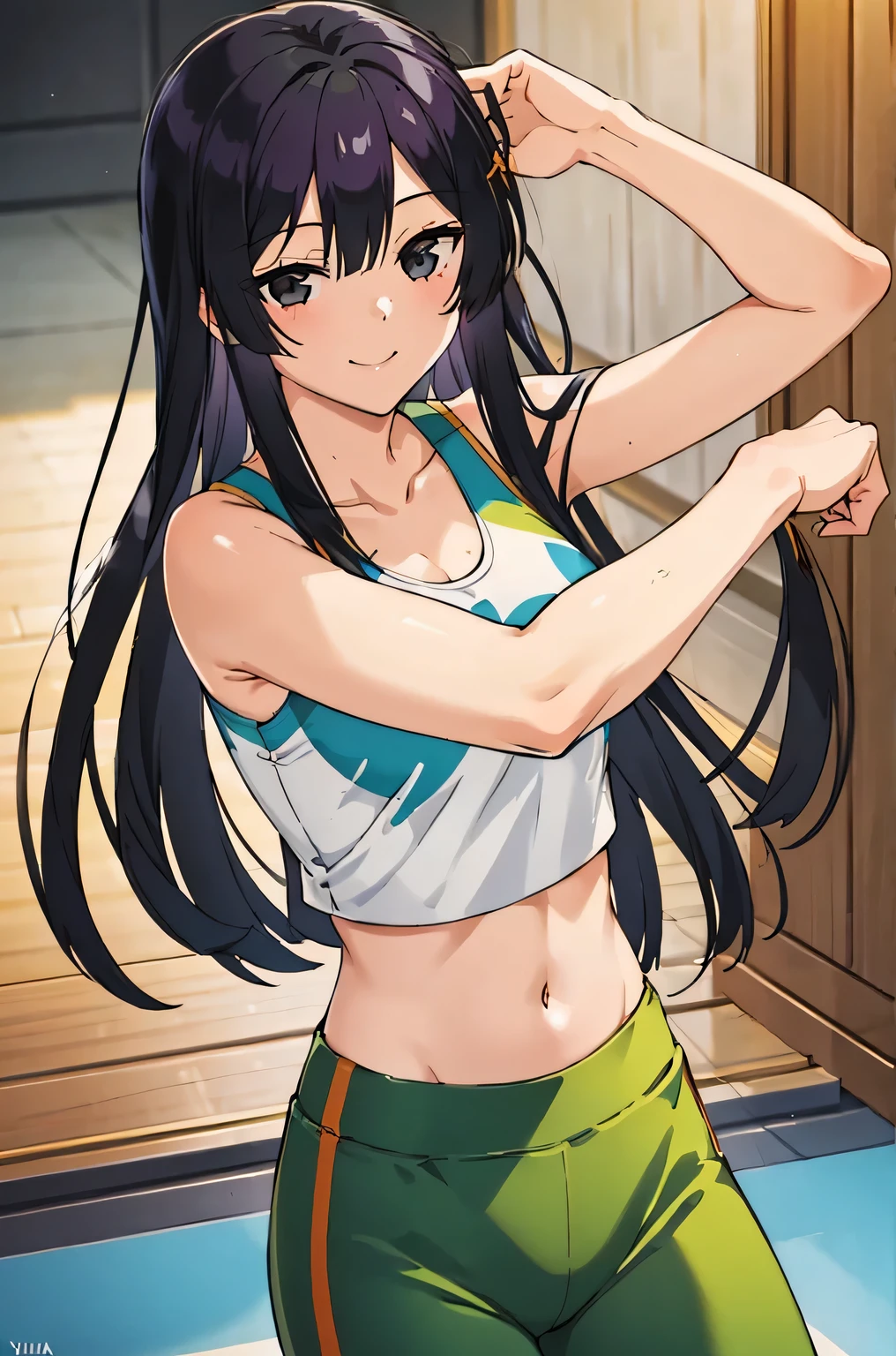 black eyes,black hair,masterpiece, best quality, photorealistic, yujiasuit, yoga sports bra, yoga pants, 1girl, solo, , yoga ball, pants, looking at viewer, smile, green sports bra, simple background, , midriff, long hair, breasts, green pants, sportswear, tank top, upper body,