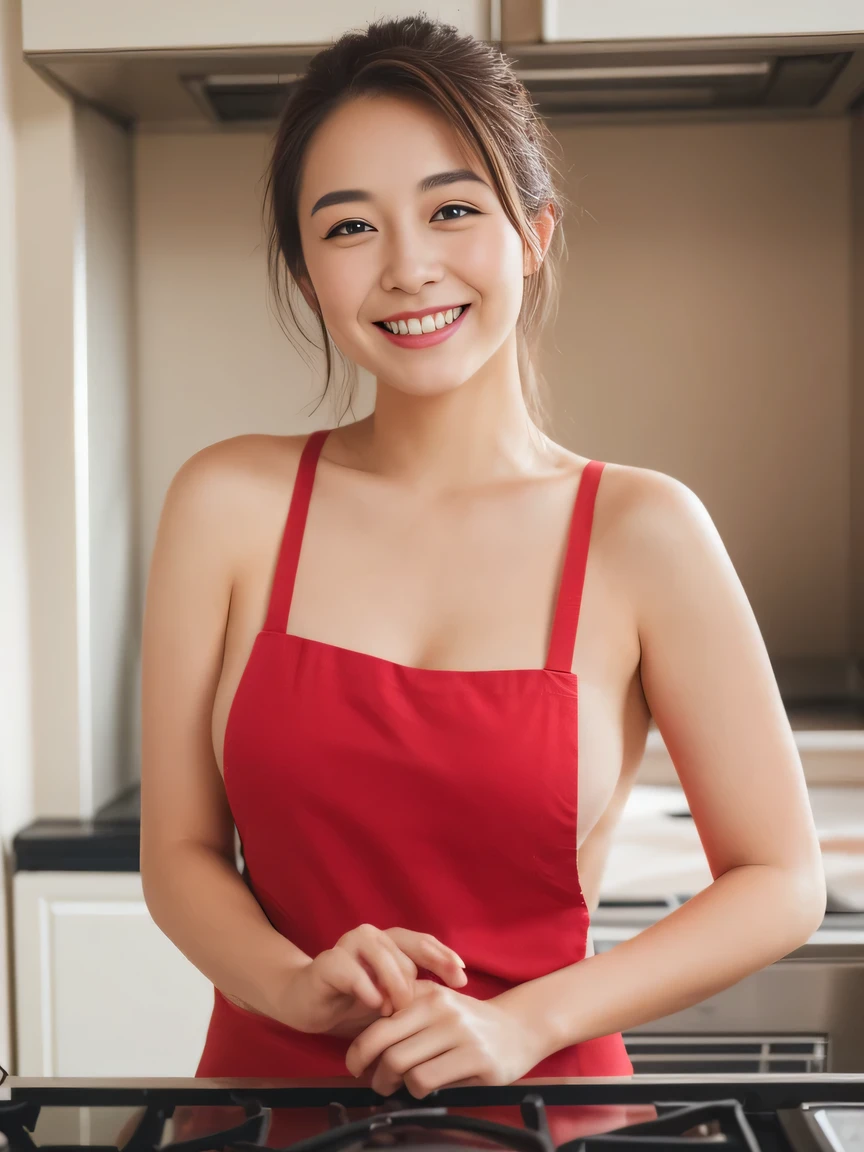 A woman is cooking, In the kitchen, Wearing a naked apron,(Naked Apron,Dark red apron,Short apron),(Hair Bun,curly,Black Hair),Medium Shot,smile,smile,Big round box,(cover-),Slim figure, Sweaty skin,(mole,pores),Realistic,Realistic:1.37, Tabletop, highest quality,Hmph,Highly detailed skin,Detailed face,Amazing eye for detail,Beautiful and delicate,Detailed clothing,High resolution photos,Professional Light,Cinema Lighting, Cleavage、 Thighs、