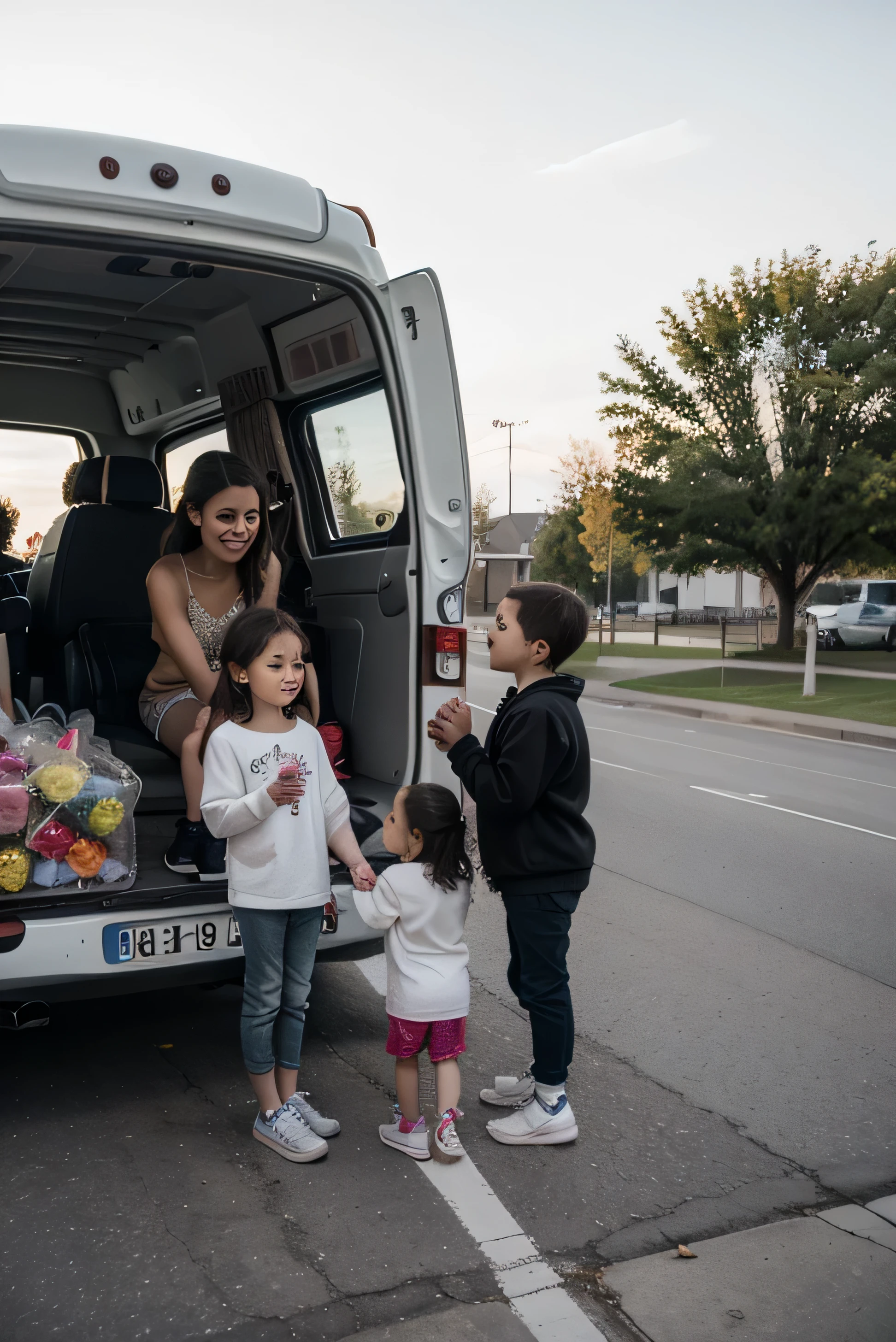 White van with children inside and candy on the road