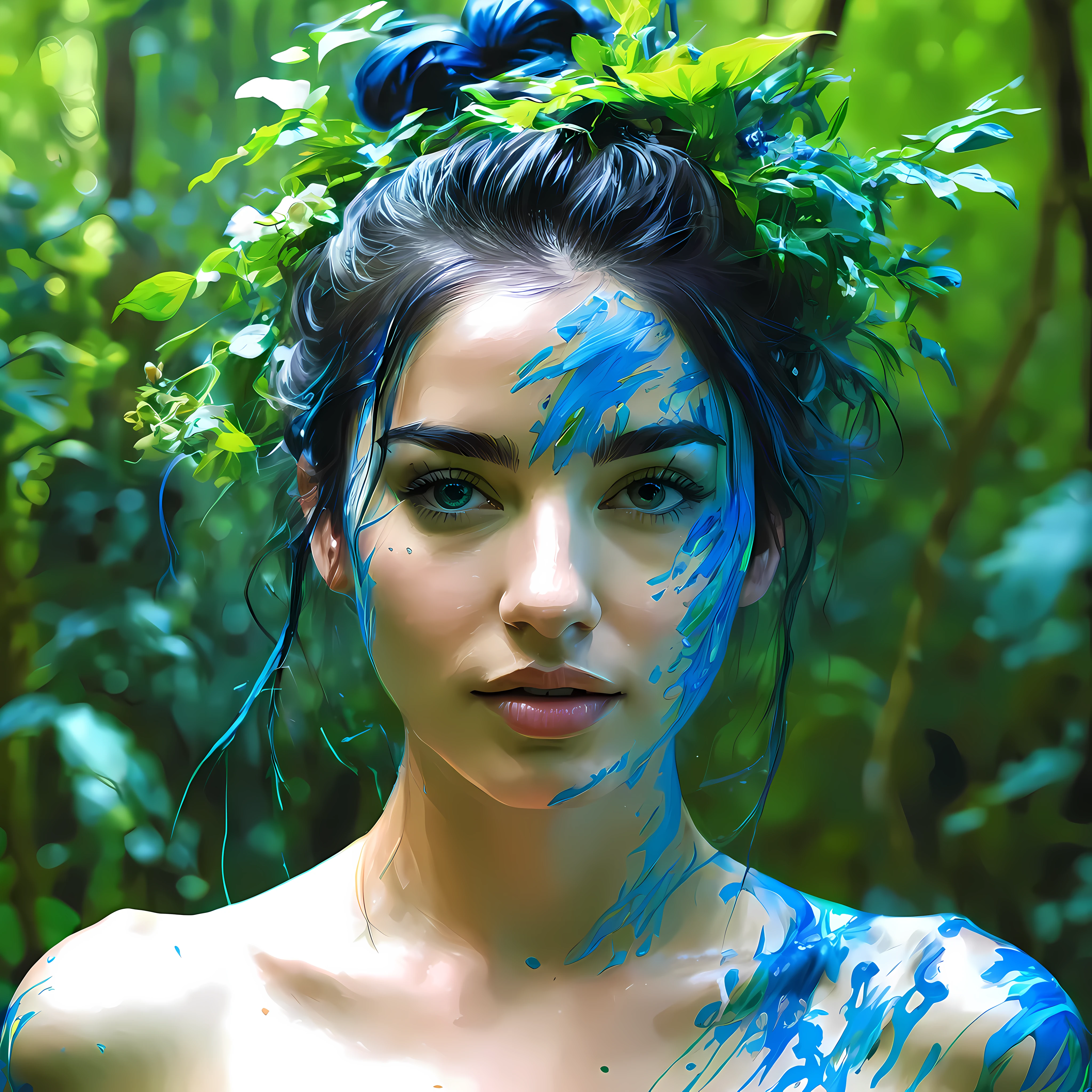garota feliz, centrado, looking at the camera, approaching perfection, Dynamic, (tons de azul e ((floresta verde 1.5)))), altamente detalhado, pintura digital, art station, arte conceitual, suave, sharp focus, illustration, arte de Carne Griffiths e Wadim Kashin, rosto detalhado, 4K fazer sexo 