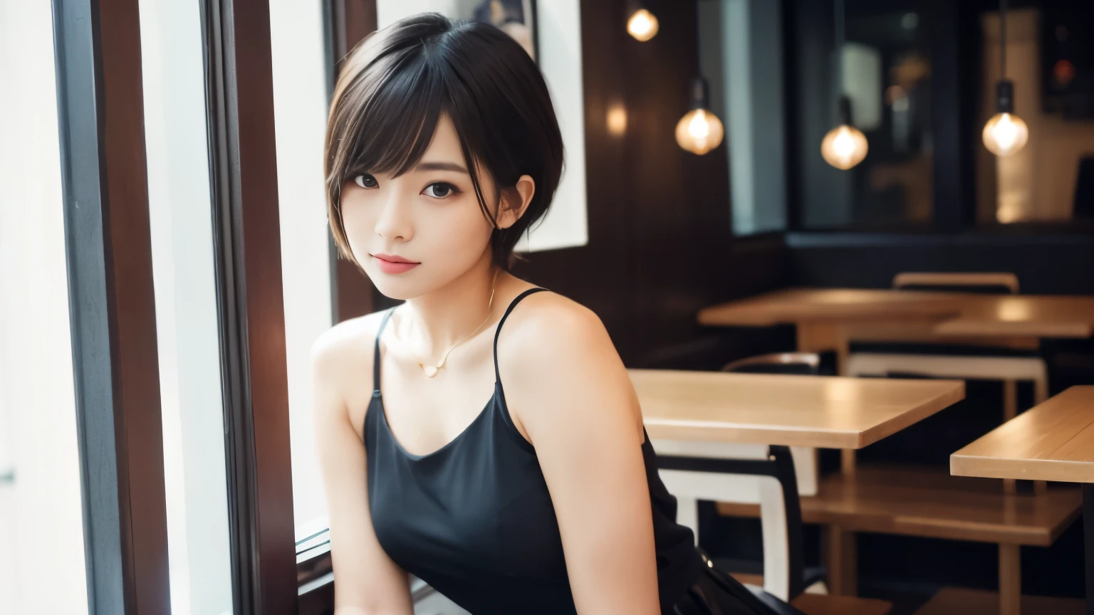 ((masterpiece, highest quality, High resolution)), 1 girl, (realistic: 1.4), Japanese, 20-year-old, Mannish short hair is stylish. A stylish face type, Exude a cool and confident attitude. The background is a stylish cafe interior with professional lighting., And she's posing directly for the camera, Exudes something strong, Confident presence. Her outfit complements her mannish and stylish look, Perfect match for her short hair and stylish personality, (draw the upper body, shoulder),