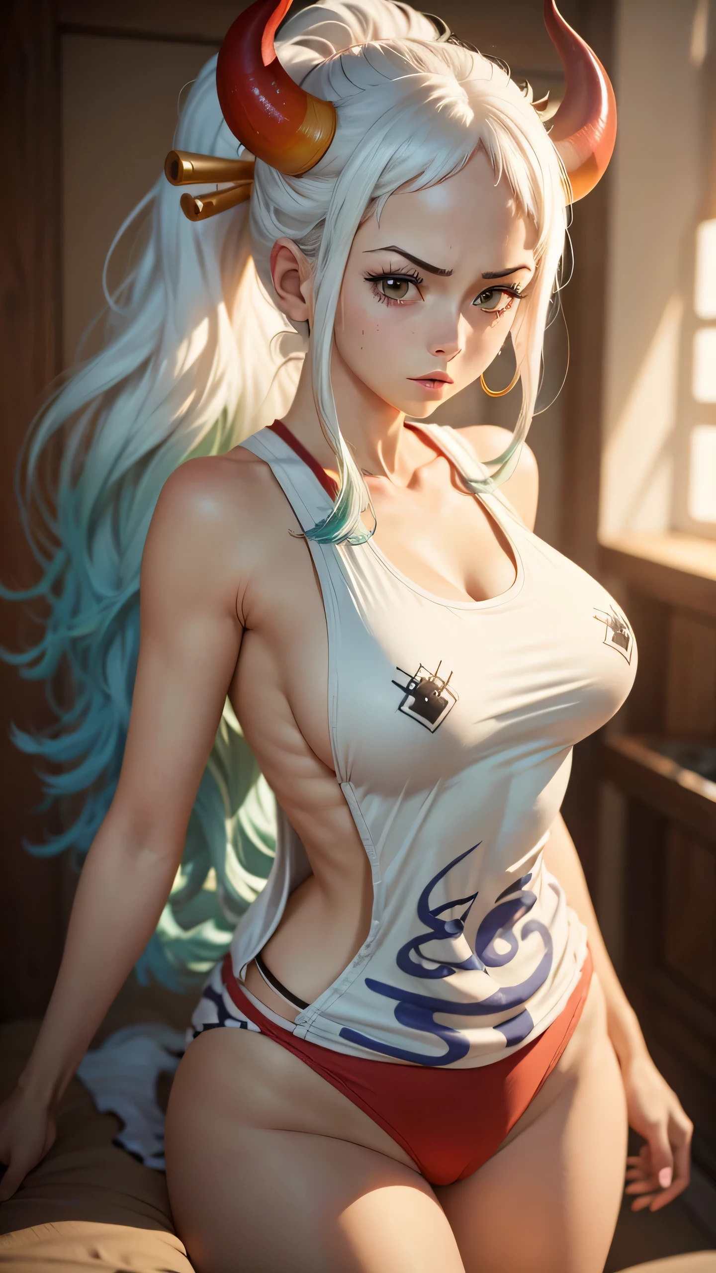 a girl,one piece,yamato,Yamato,tank top,White hair,Red horns, big tits