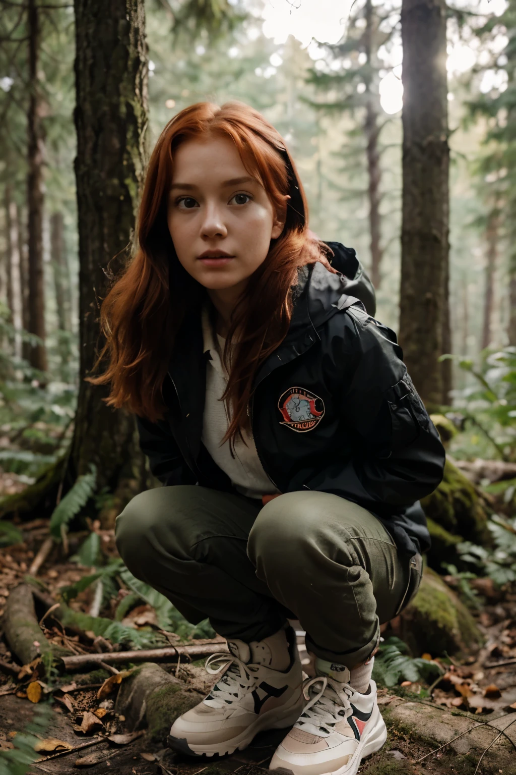Red-haired girl hiding in the forest, , Children's proportions,  thin build, asthenia, Red hair, disheveled hairstyle,  bright skin, hikeный стиль, high boots, windbreaker jacket, hike, journey, fatigue, still from the film