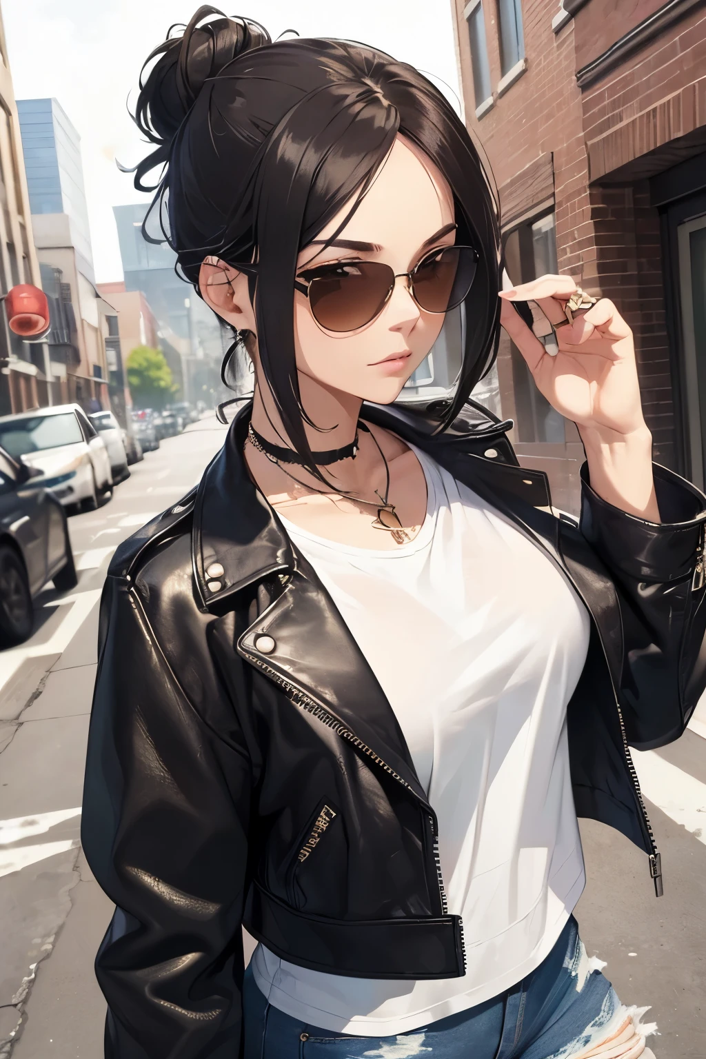 (masterpiece:1.2, best quality), 1lady, solo, upper body, big tits, Chic and edgy leather jacket paired with a classic white t-shirt and distressed jeans Confident and effortless with minimal makeup and a messy bun (Music festival or a trendy downtown neighborhood) Statement sunglasses and chunky jewelry, with a cross-body bag for convenience