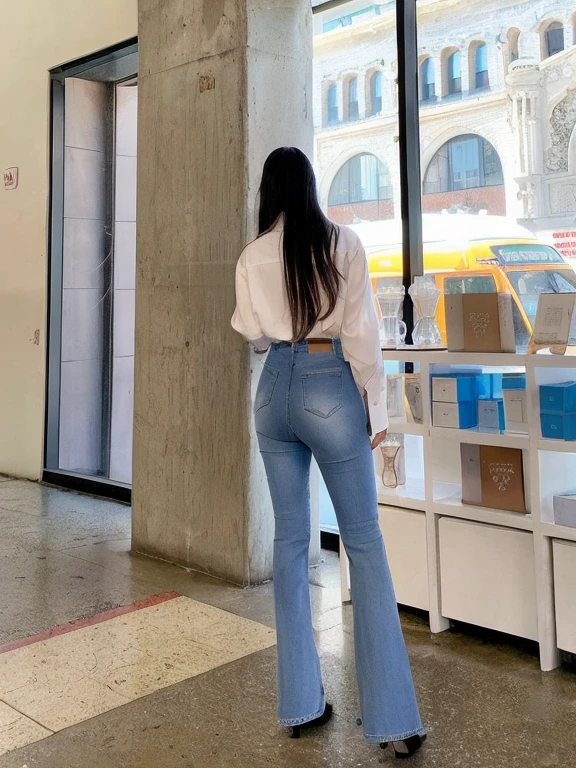 (best quality, highres),beautiful detailed violet eyes,beautiful detailed lips,slim waist and wide hips,long eyelashes,far full-body view,gorgeous face,white shirt, black jeans,distant view,beautiful, detailed face,lady,tattoos,piercing on the eyebrow and lip.