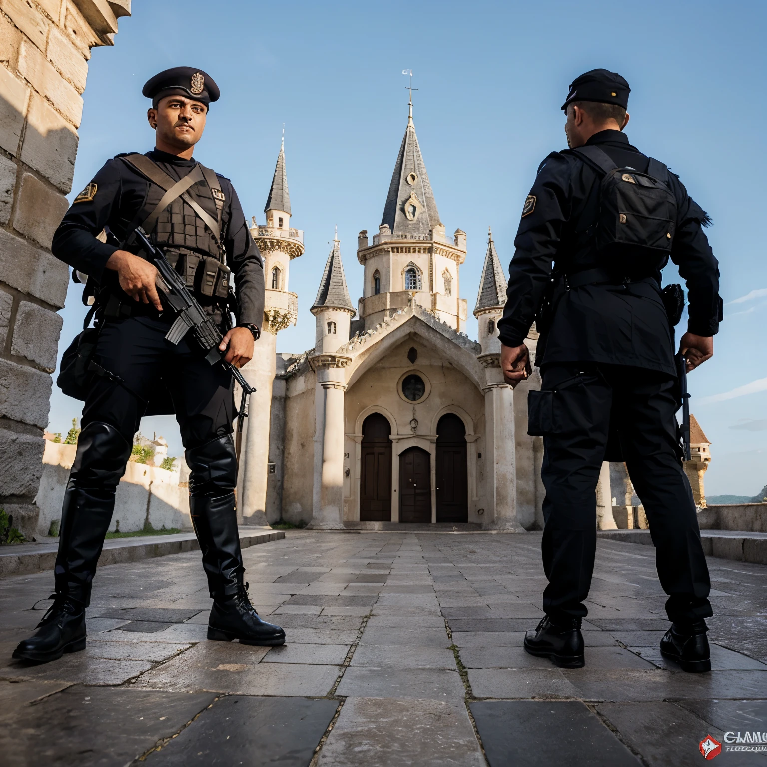 Sete soldados olhando para um Castelo
