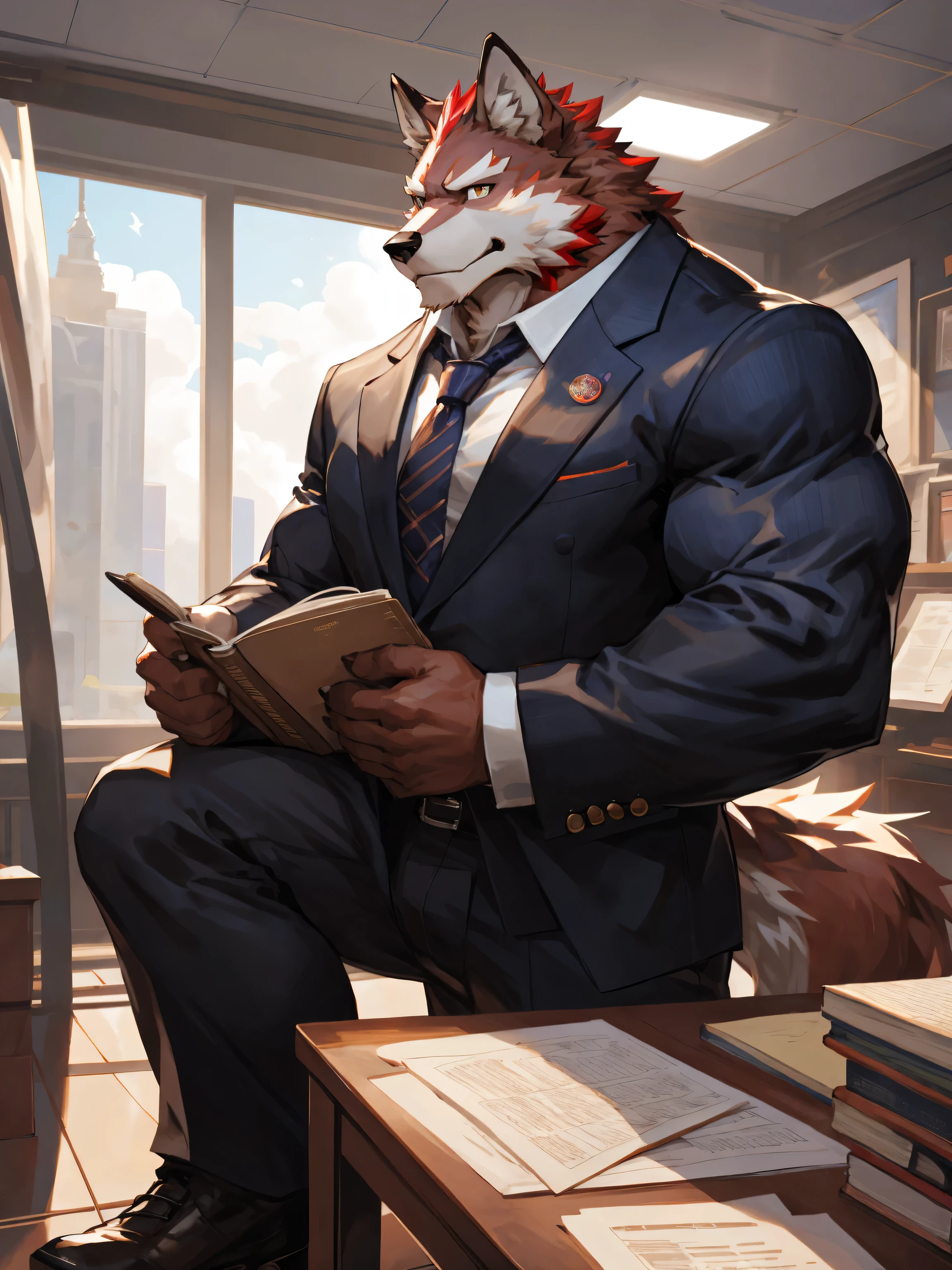 ((half body shot)),dynamic angle,depth of field, motion blur, absurdres, (best quality), (masterpiece), (ultra detailed),(detailed eyes),(serious eyes),(office suit),niji,anthro male,manly,(red wolf),(muscular),(wolf tail),Work in the room,(Space View),((studying)),ships room,(Day),handsome,standing,by null-ghost,by traver009,by pino daeni