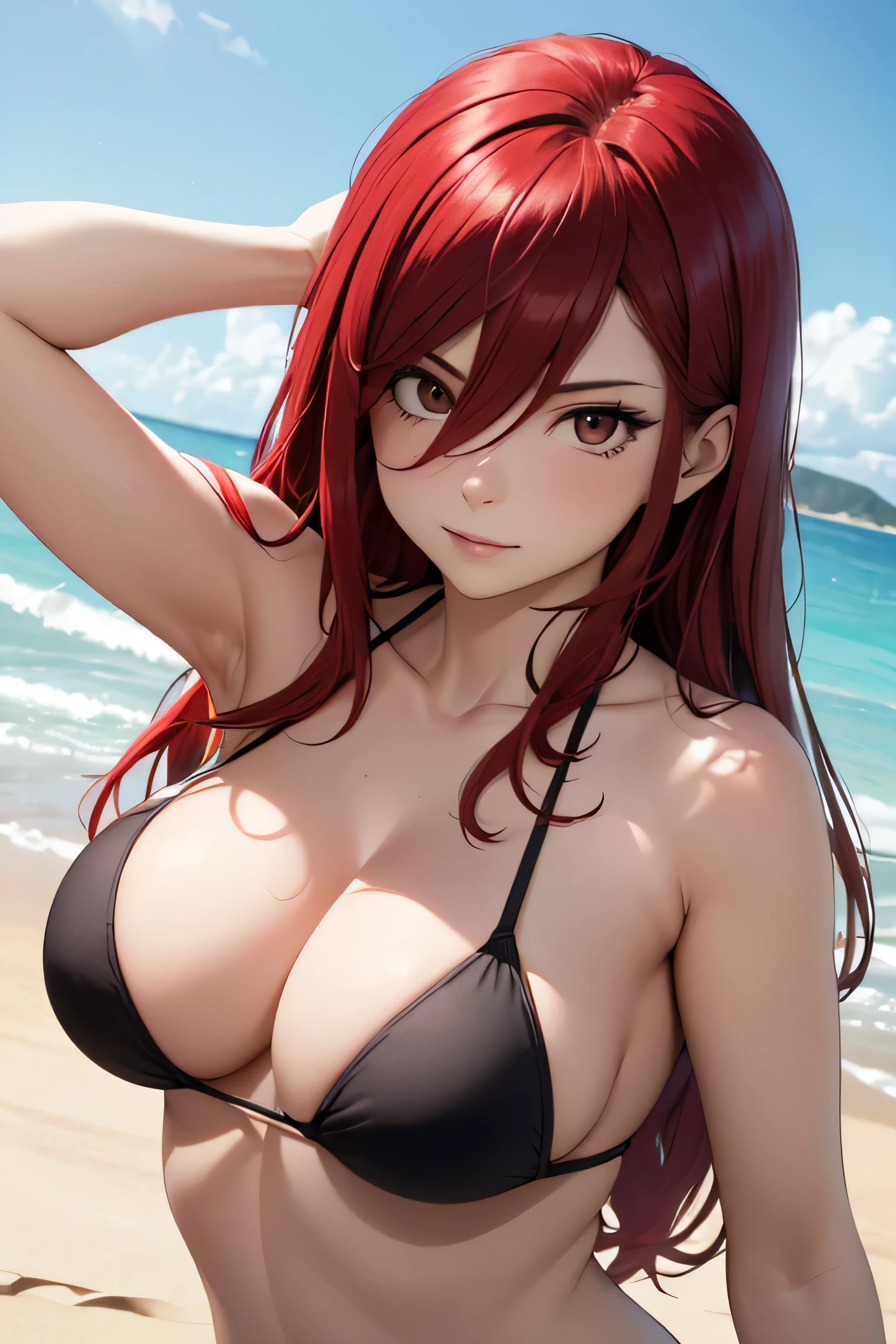 absurdres, high res, ultrasharp, 8K, {masterpiece}, expressive eyes, extremely detailed, best quality, perfect face, erza scarlet, long hair, (red hair:1.5), hair between eyes, (brown eyes:1.7), large breasts, pleased, beach, bikini, naked breasts, seductive pose,