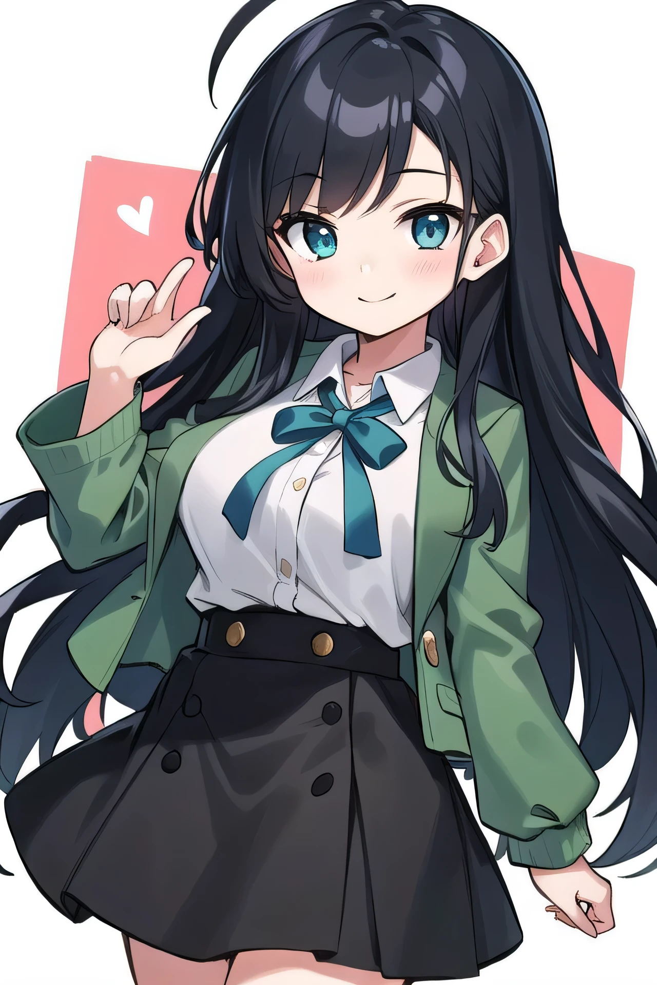 high schoolooks like an elementary school st short, 140 cm tall, black slight green tinge, short ahoge, beautiful long hair but with a little hair sticking out, beautiful round eyes, blue eyes, smile, boyish, long sleeves, Thick clothes, skirt, big breasts, hair longer than waist, long hair, childish face, gentle smile, a little shy, black skirt, black hair with a slight green tinge, boyish, gentle smile, jacket one size larger, ( Deep greenish black hair: 1.2)