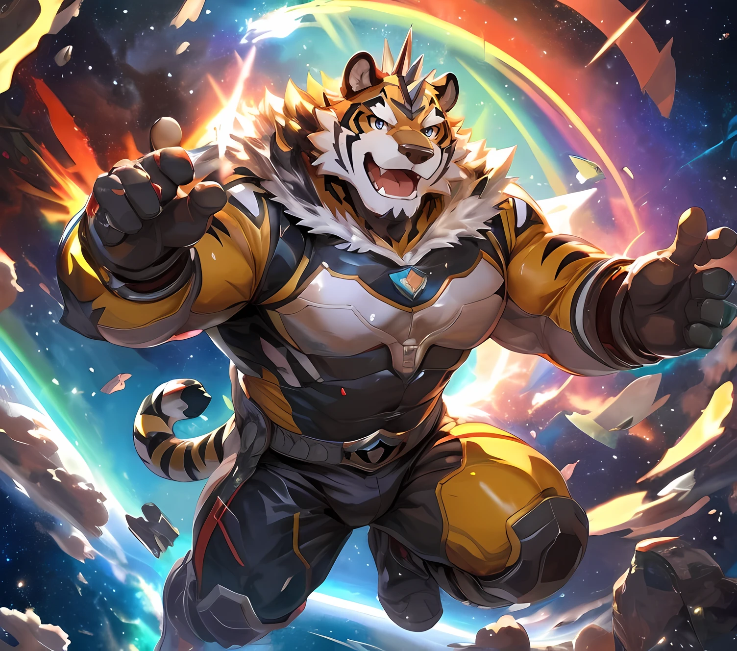 masterpiece,high quality,anime,detailed eyes,furry male White Tiger, Ryekie, Great physique,strong arms manly, Floating in space, Battleships, Star Pajama suit, (Rainbow), Shimmering Stars, asteroids, Joyful, by null-ghost,by pino daeni