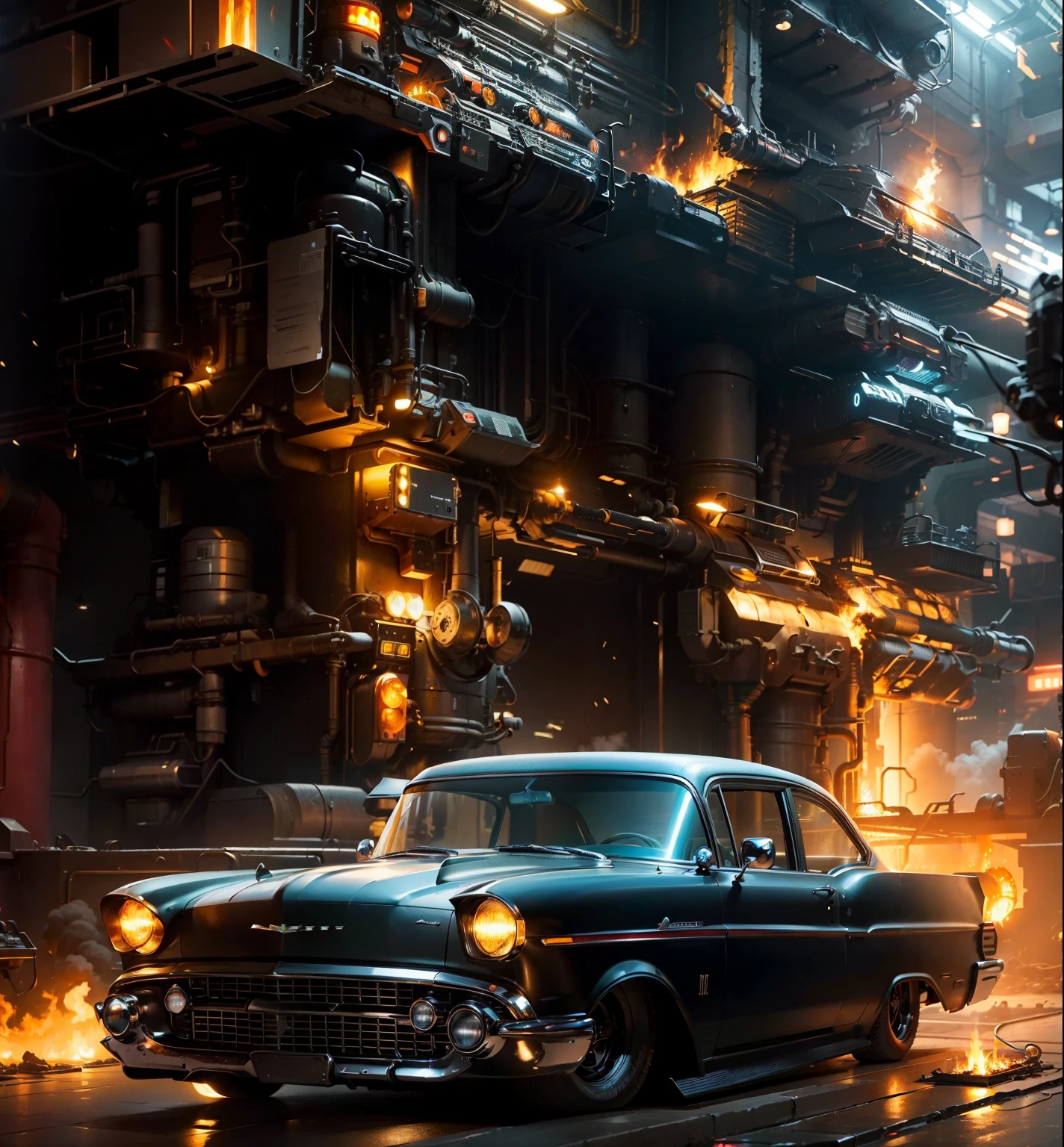 A (((Black))) Muscle Chevy 57sport car headlights on in the foreground, in the background is a sci fi factory cyberponk style with a great industrial oven with great fire and heat