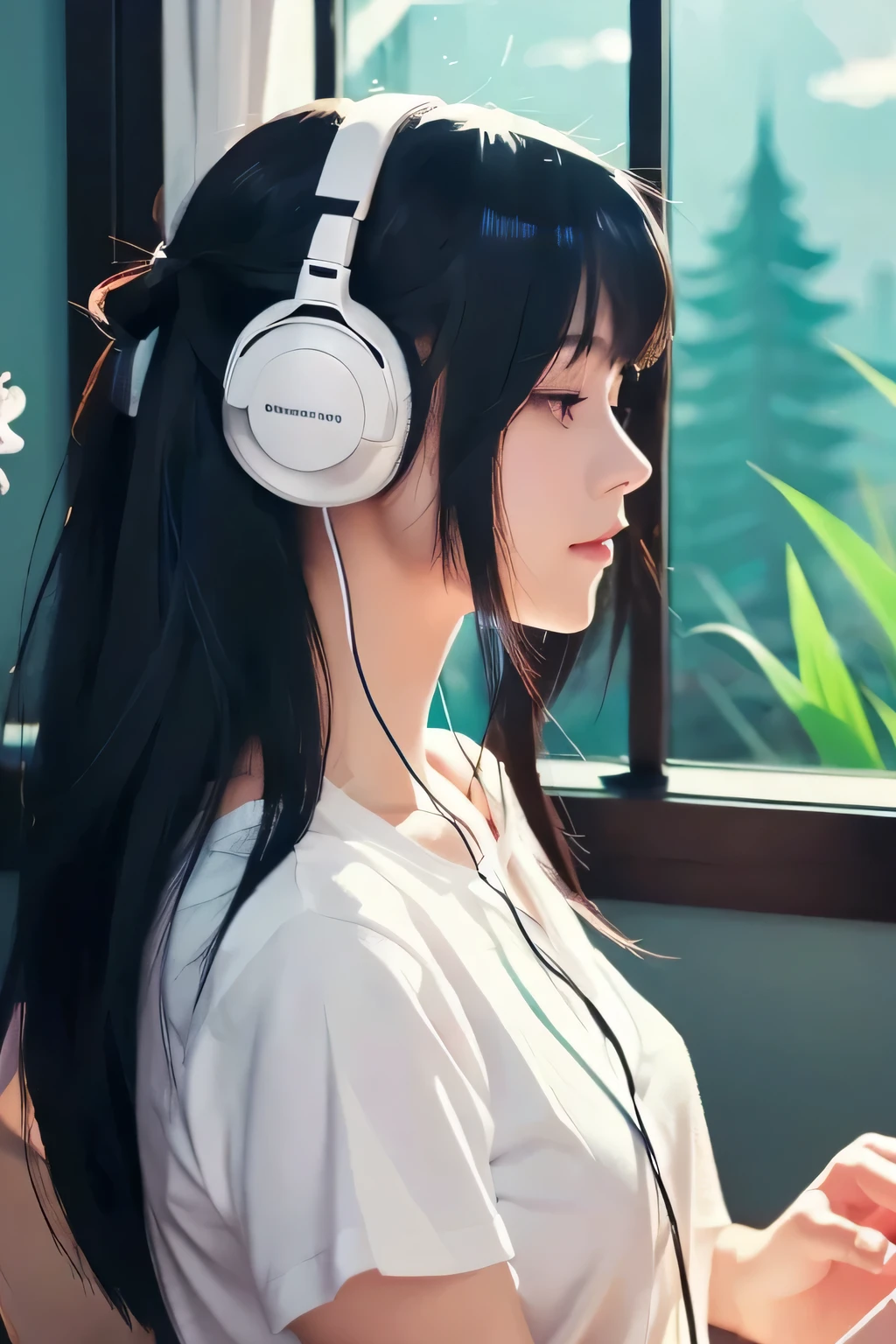 A beautiful black-haired girl wearing headphones and listening to calm and relaxing BGM such as lo-fi and chill that can be used as a background image for a YouTube channel while relaxing by the window of the room 1 girl from an anime illustration, masterpiece, very detailed, (beautiful delicate shine), Lens flare,, floating hair, think back, back behind, smile, blue eyes, white dress, medium breasts, Upper body, wide shot, sunrise, cloud, Backlight, purple sky, yellow sky, gradation sky, Put your hand on the hat