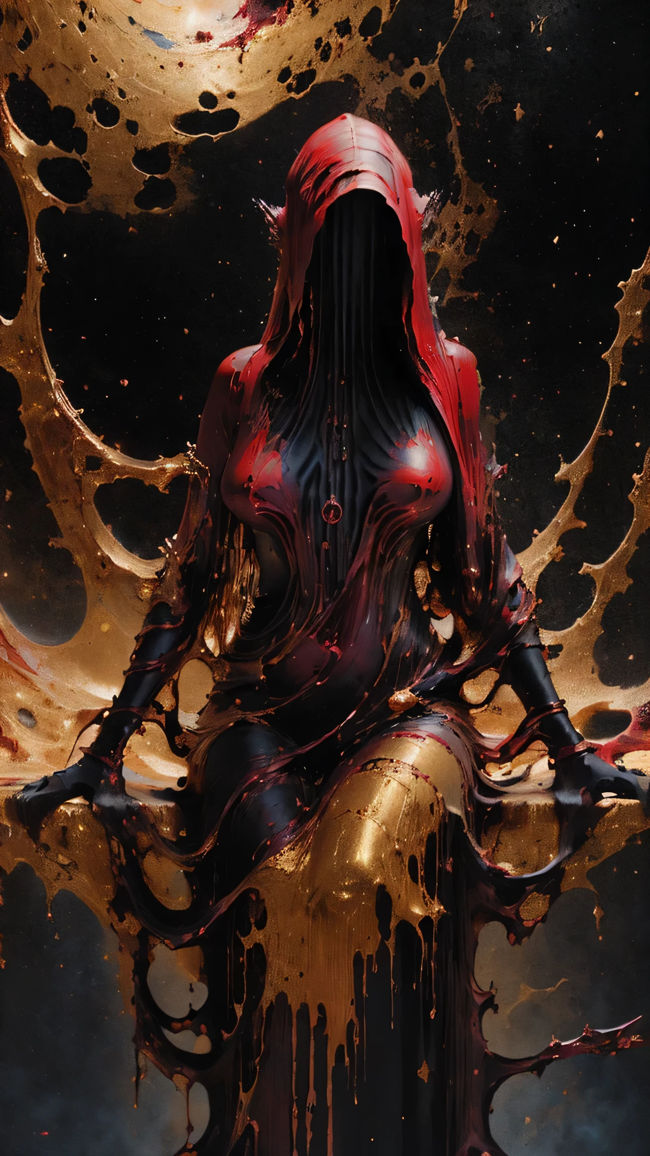 (body formed by galactic liquid crimson and black metallic paint twisting into a beautiful interpretation of the female figure), au naturel,((complex galactic metallic colours in the foreground)), (( fluid mechanics, the loveliest smooth scale face makeup, smirky expression)) - red, black and gold, onyxia, metallic color palette g0s1