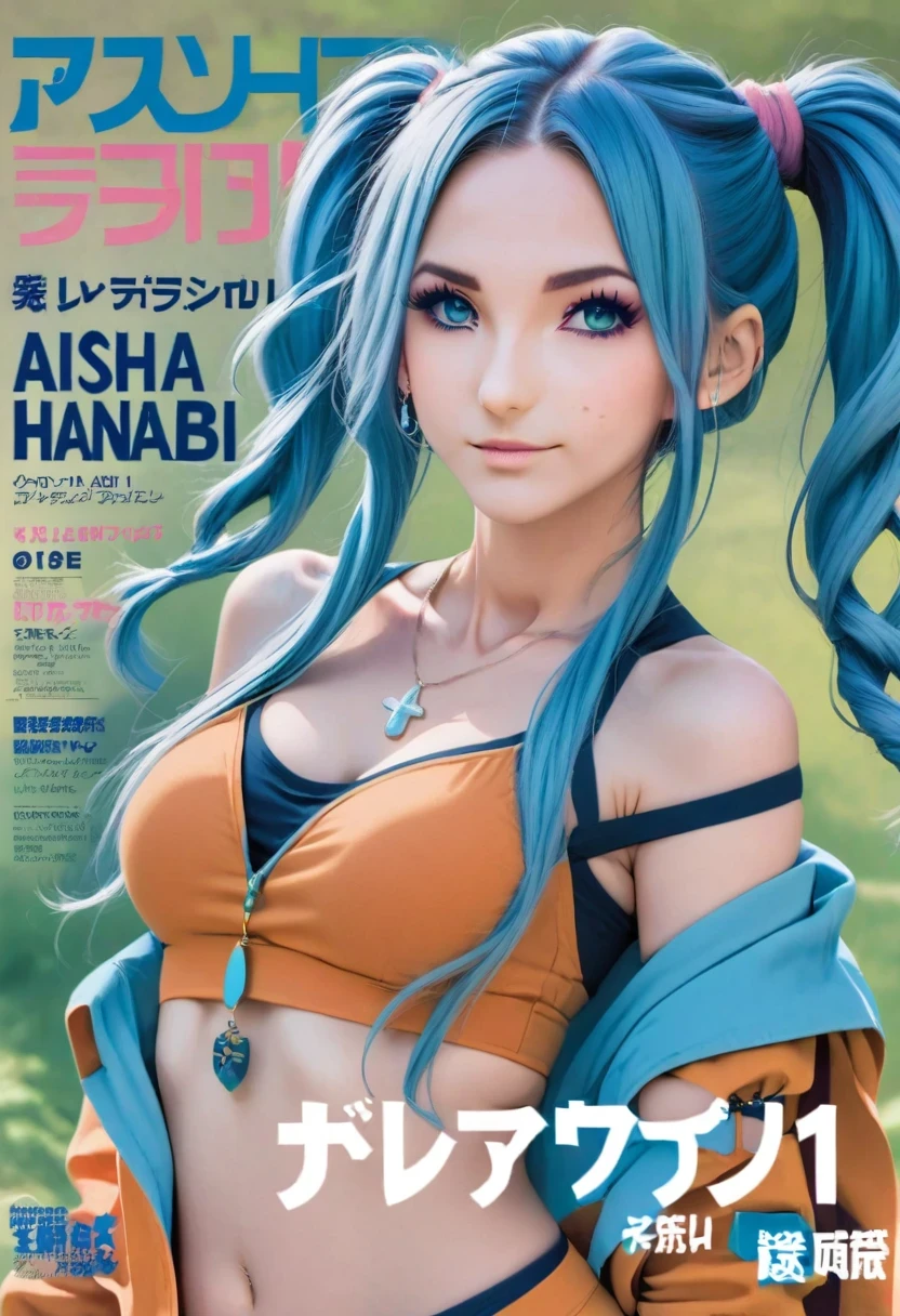 Aisha Hanabi in a magazine cover named, " Aisha Hanabi v1 ", blue hair, magazine cover named, " Aisha Hanabi v1 ", anime style,