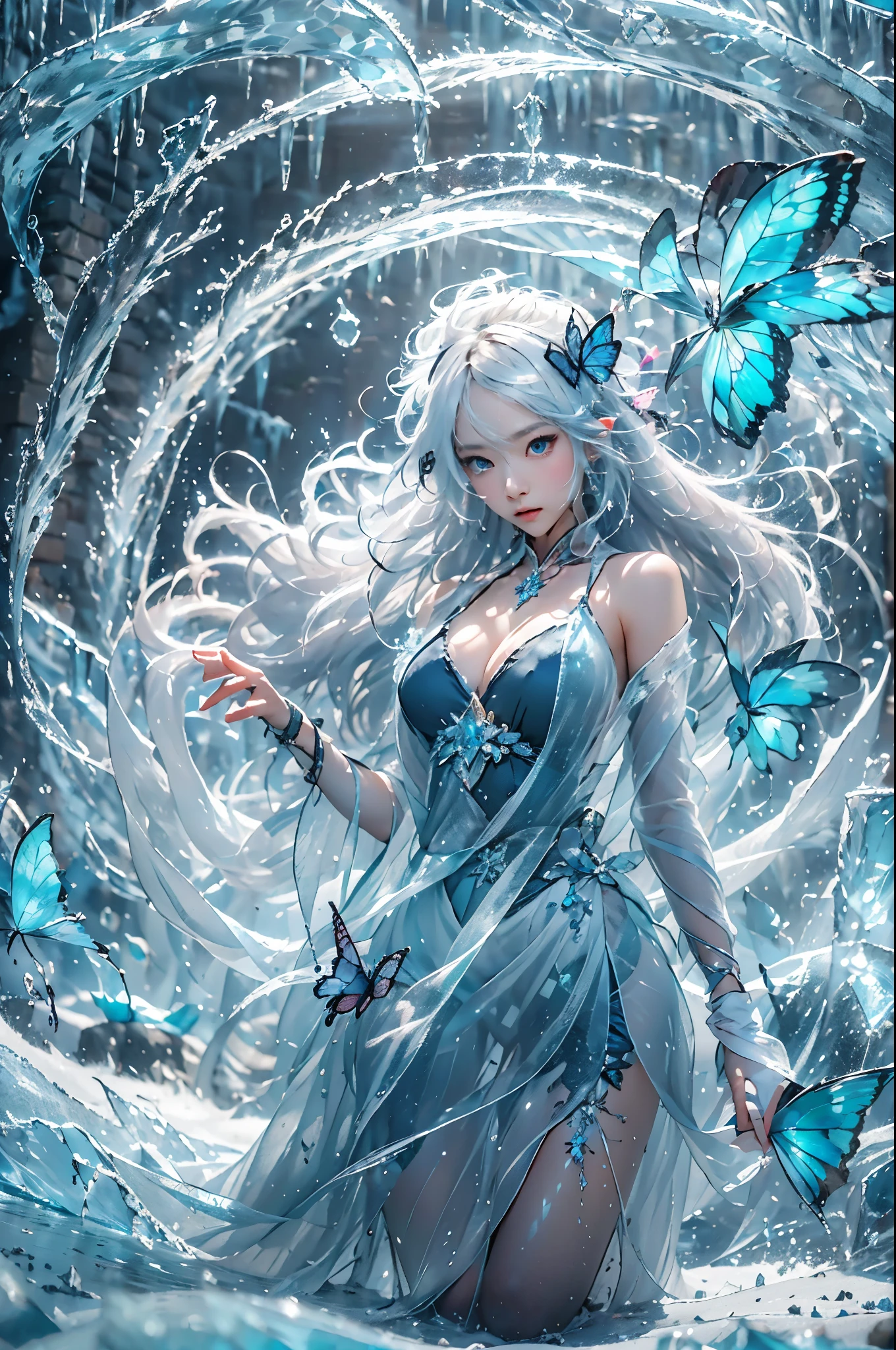 (((1 girl)))，dynamic poses，（skirt made of ice：1.5），（magic circle：1.2），magic circle，blue concentric circles，ice crystals，concentric circles of frost，(((icicle)))，Ice mist，Ice particle effects，（Ice butterfly：1.5），超多Ice butterfly，巨大的Ice butterfly翅膀，Amazing results，,best quality,masterpiece,ultra high resolution,detailed，8K resolution,chiaroscuro，NVIDIA RTX