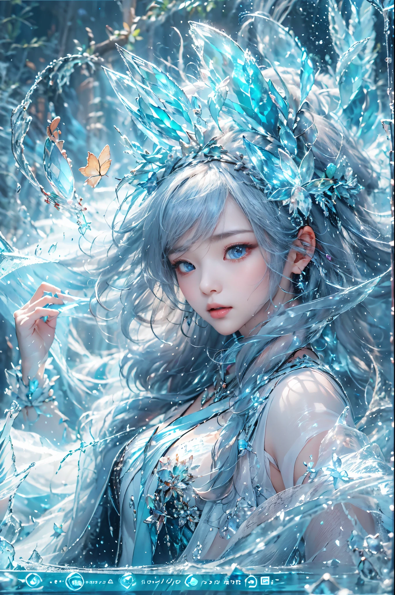 (((1 girl)))，dynamic poses，（skirt made of ice：1.5），（magic circle：1.2），magic circle，blue concentric circles，ice crystals，concentric circles of frost，(((icicle)))，Ice mist，Ice particle effects，（Ice butterfly：1.5），超多Ice butterfly，巨大的Ice butterfly翅膀，Amazing results，,best quality,masterpiece,ultra high resolution,detailed，8K resolution,chiaroscuro，NVIDIA RTX