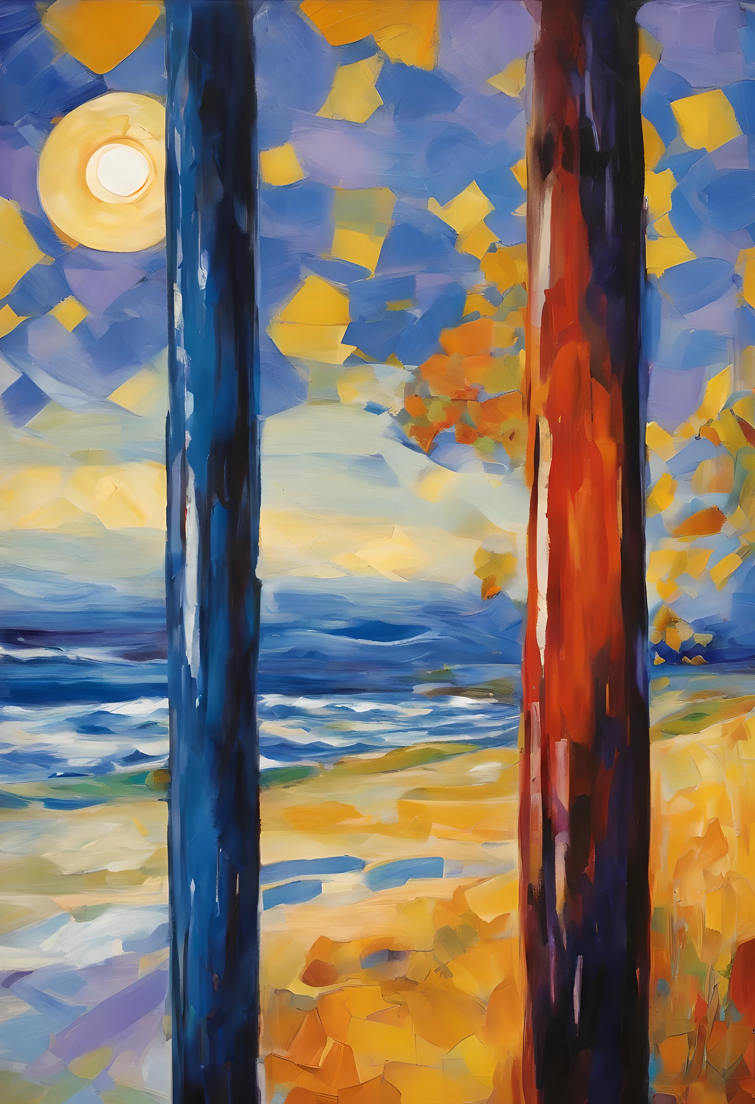 Edvard Munch art style, navio colorido, cores (azul, preto, amarelo, roxo, laranja, vermelho), no alto mar denso.