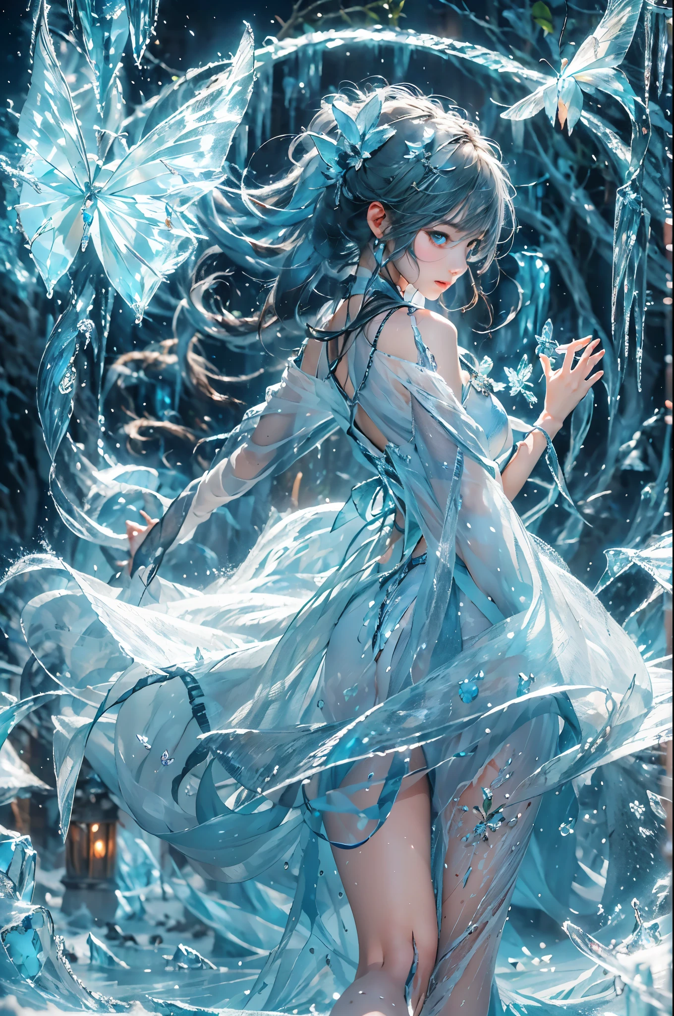 (((1 girl)))，dynamic poses，（skirt made of ice：1.5），（magic circle：1.2），magic circle，blue concentric circles，ice crystals，concentric circles of frost，(((icicle)))，Ice mist，Ice particle effects，（Ice butterfly：1.5），超多Ice butterfly，巨大的Ice butterfly翅膀，Amazing results，,best quality,masterpiece,ultra high resolution,detailed，8K resolution,chiaroscuro，NVIDIA RTX