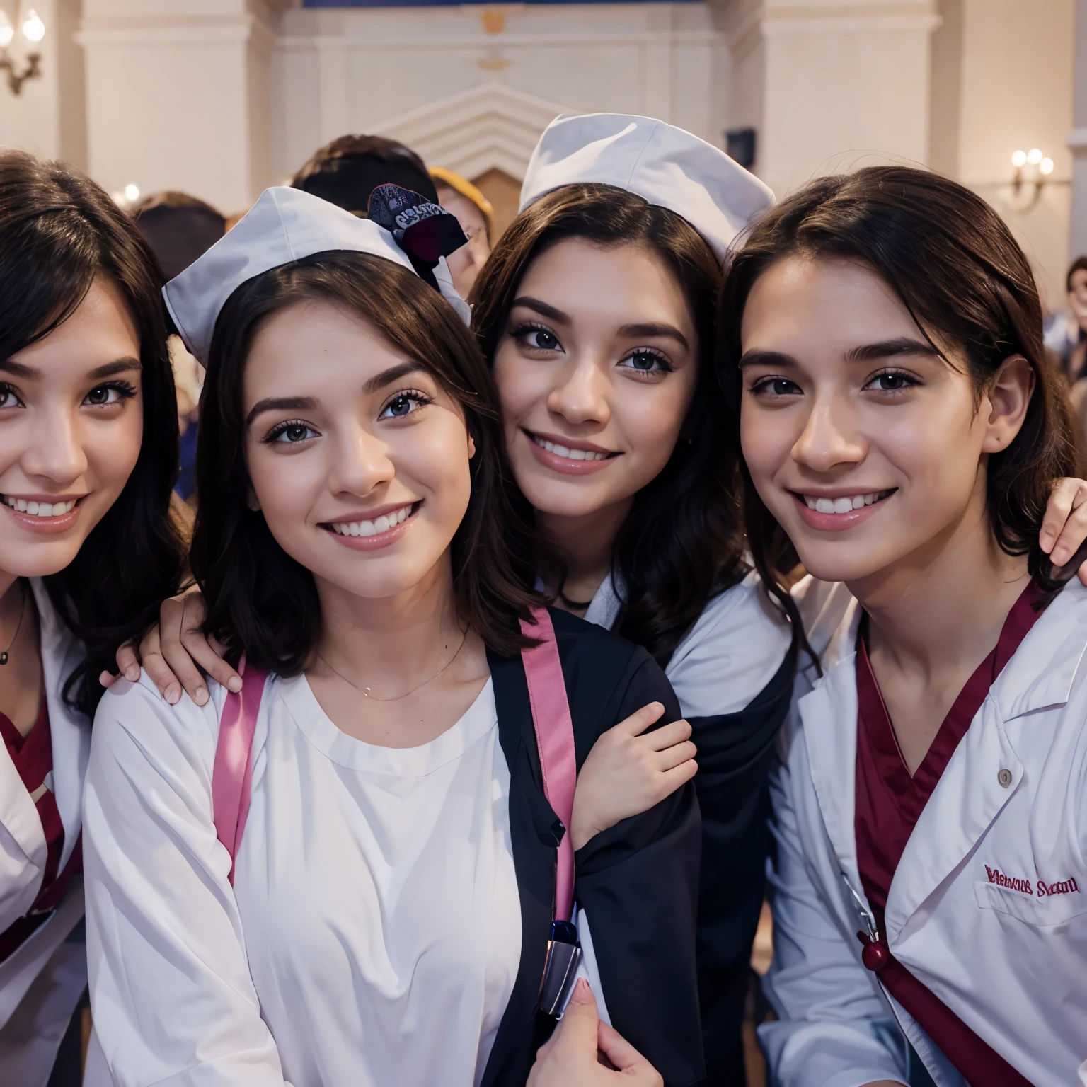 Girls plus 2 boys graduating with nursing degrees animated disney style