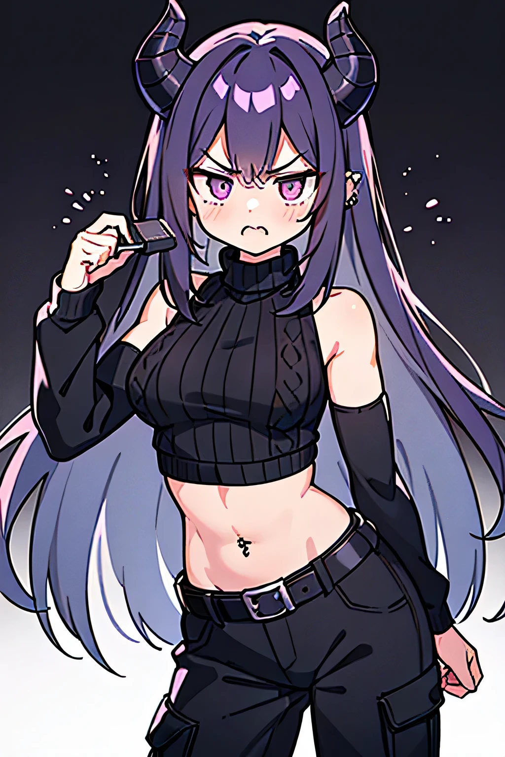 ultra realistic 8k cg, masterpiece, ((delicate pattern, intricate detail, flat black background, black and white photo)), (highly detailed, fine details), best quality, ((1girl, cool girl)), beautiful lighting, absurd res, RAW photo, film grain, ((large breasts, slim girl, muscular female, glow purple eyes)), Layered Wavy Hairstyle Purple, Black demon long Horns of the Abyss, ((black dog big collar)), ((Double Prong Belt Black, black turtle neck sweater crop, black cargo pants, black hand warmer)), (( piercing belly)), rage, angry