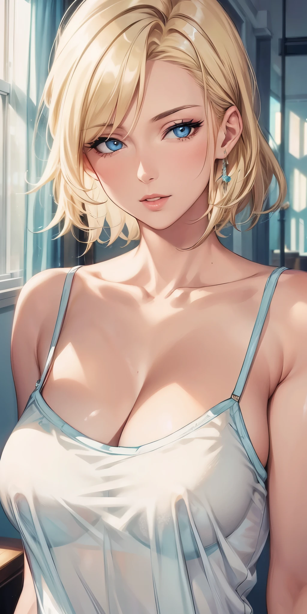 portrait, portrait, Elegant mature woman, blue eyes, blonde, big breast, transparent camisole, see through nipple, high resolution cg 8k, beautiful cg, soft light