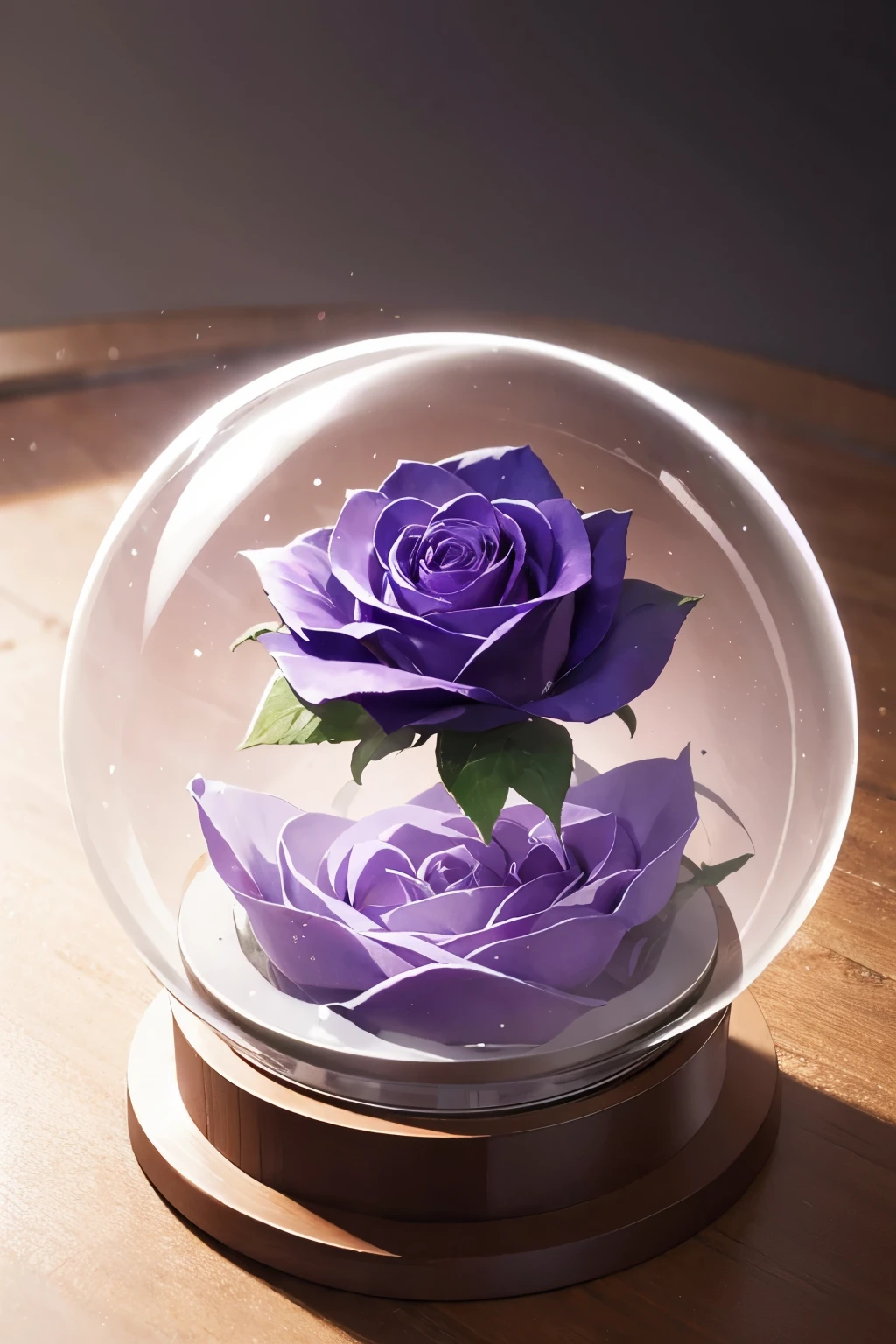 a purple rose inside a snow globe