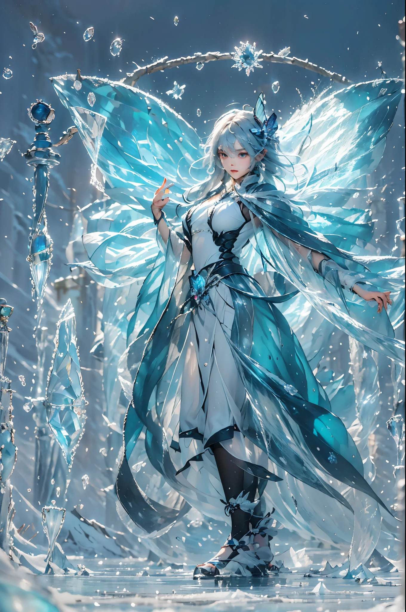 (((1 girl))),dynamic poses,(skirt made of ice:1.5),(magic circle:1.2),magic circle,blue concentric circles,ice crystals,concentric circles of frost,(((icicle))),Ice mist,Ice particle effects,(Ice butterfly:1.5),超多Ice butterfly,巨大的Ice butterfly翅膀,Amazing results,,best quality,masterpiece,ultra high resolution,detailed,8K resolution,chiaroscuro,NVIDIA RTX