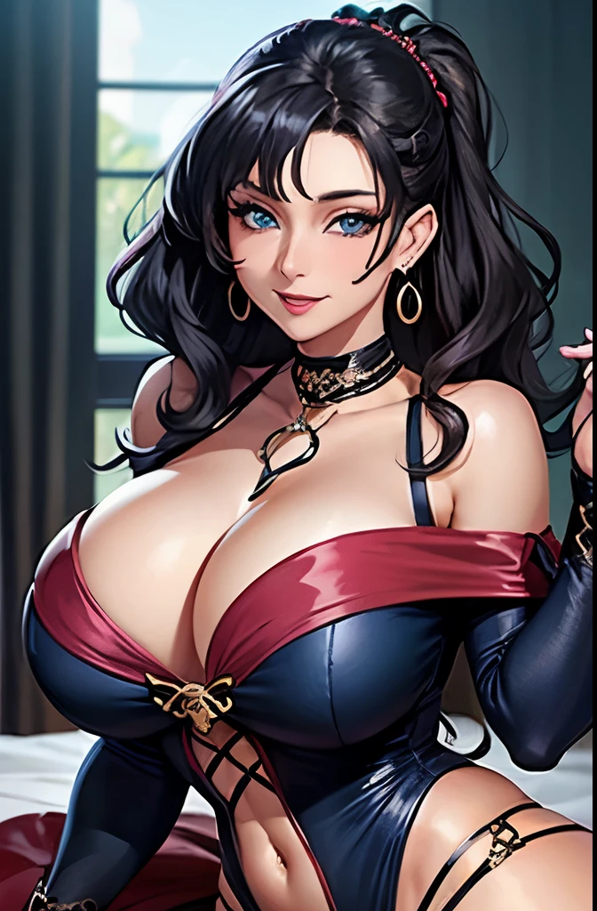 woman((30 years old)), hair((black, wavy)), blue eyes, bright cute eyes、Crowsex Maradores, long sleeve), accessories ((chocker, earrings)), huge breasts, Classic bedroom, pirate ship,coy smile,(saggy breasts)