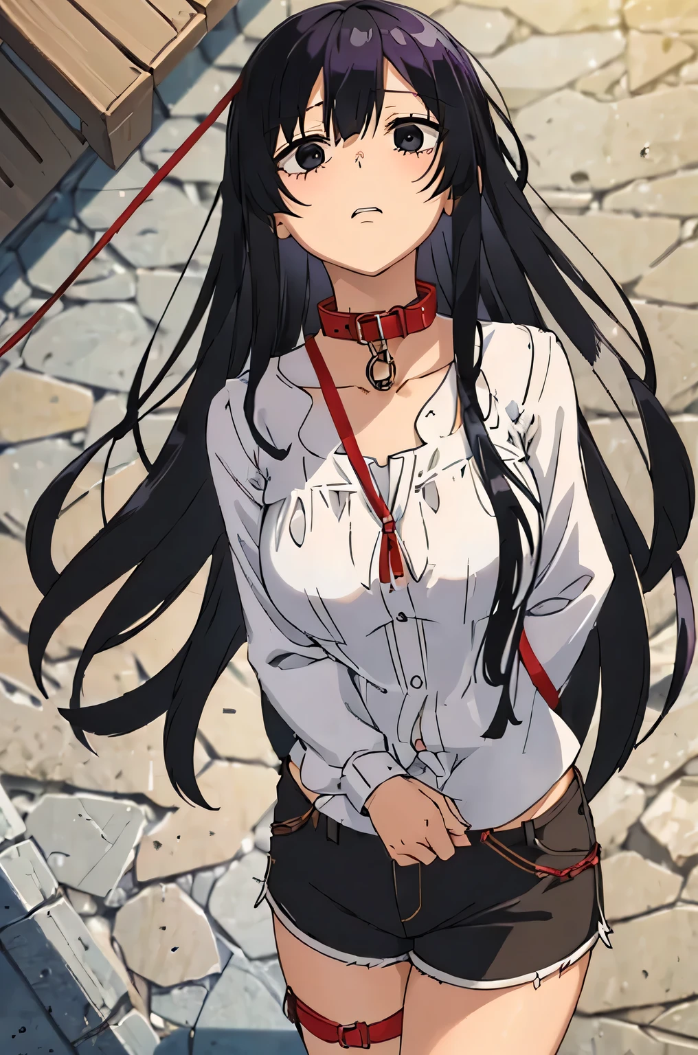 ((collar,leash,tied up,bondage,scared expression)),black hair,black eyes,shorts,top-tank
