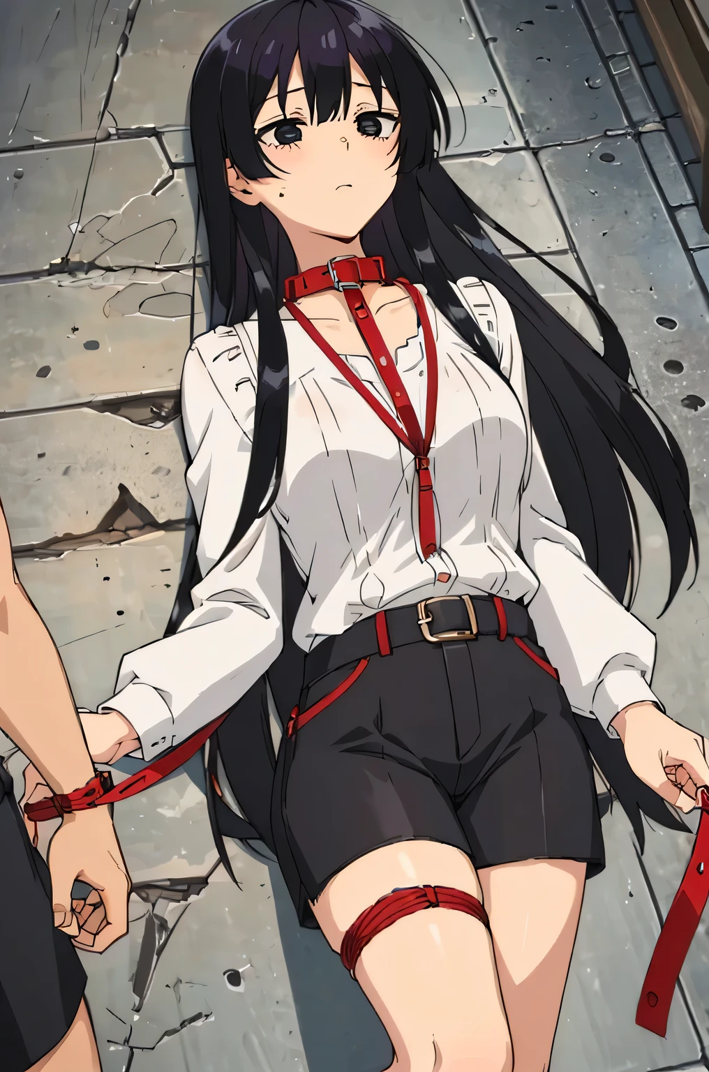 ((collar,leash,tied up,bondage,scared expression)),black hair,black eyes,shorts,top-tank
