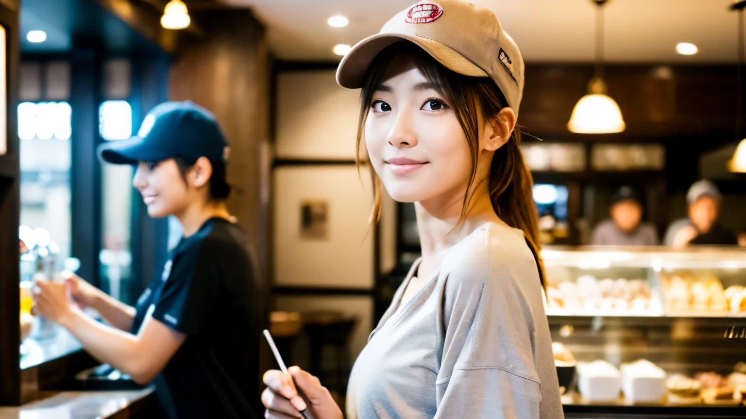 (8K, Raw photo, highest quality, masterpiece:1.2), (realistic, photo-realistic:1.4), (Highly detailed 8K wallpaper), perfect female body, famous japanese idol, 20 year old girl, boyish Japanese model,sportswoman, light brown hair,sportswear,Return from jogging,cap hat ,inside a stylish cafe, I can see other customers enjoying themselves too.。At the back of the cafe、Staff are busy working at the counter。