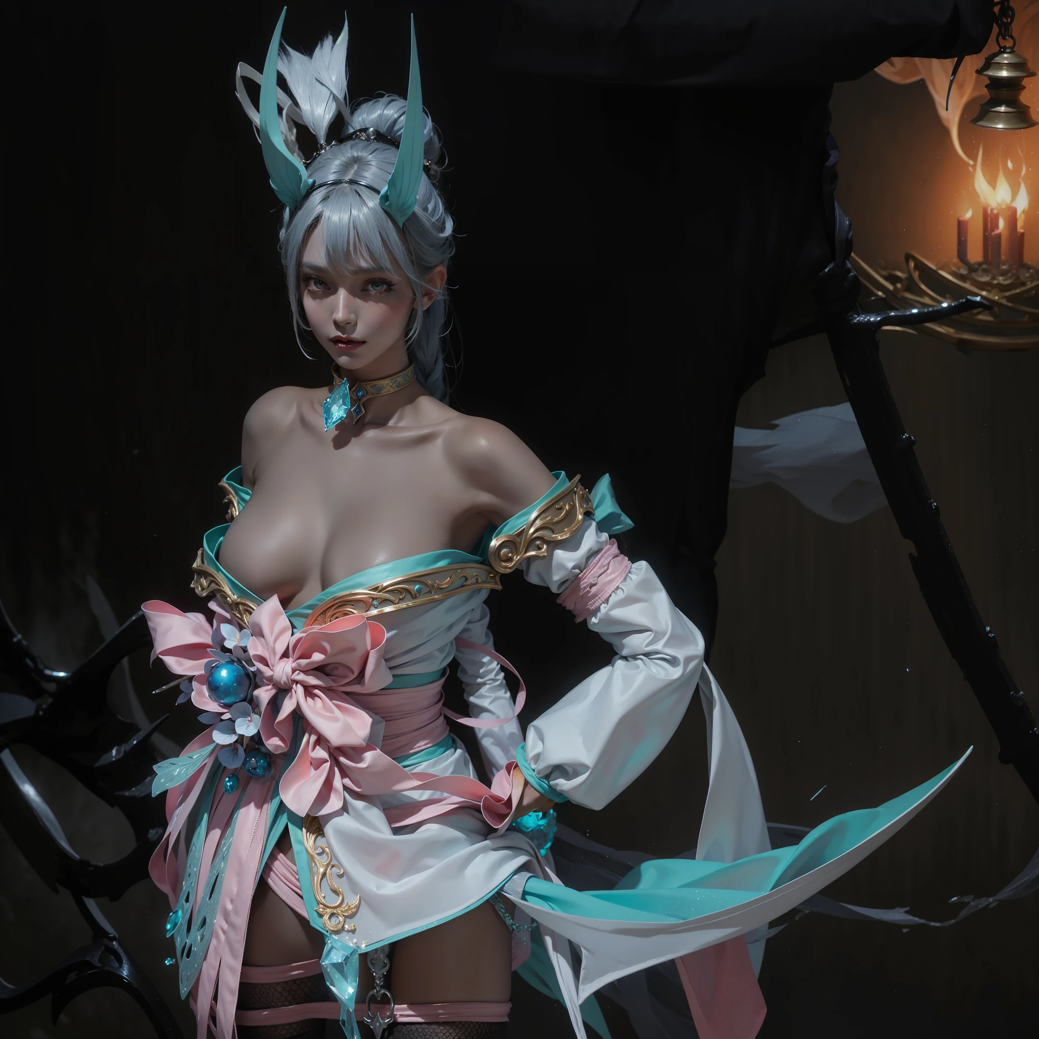 il y a une femme en costume avec une épée et une épée, tenue fantastique, Beautiful necromancer, Ice Witch, lunar themed outfit, Avec Leviathan Hache, style final fantasy 14, reine démon aux cornes blanches, d'a beautiful female warframe, Arme d'hast coréenne ornée derrière elle, 4k detail fantasy, armure inspirée des kitsune