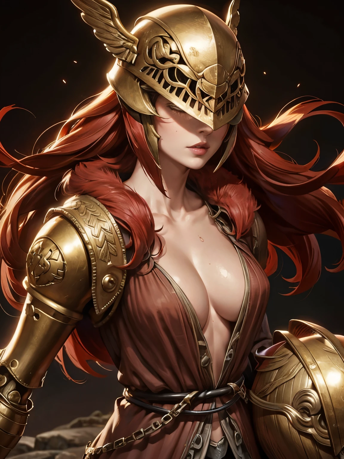 amputee,breasts,helmet,red hair,shiny skin,skindentation