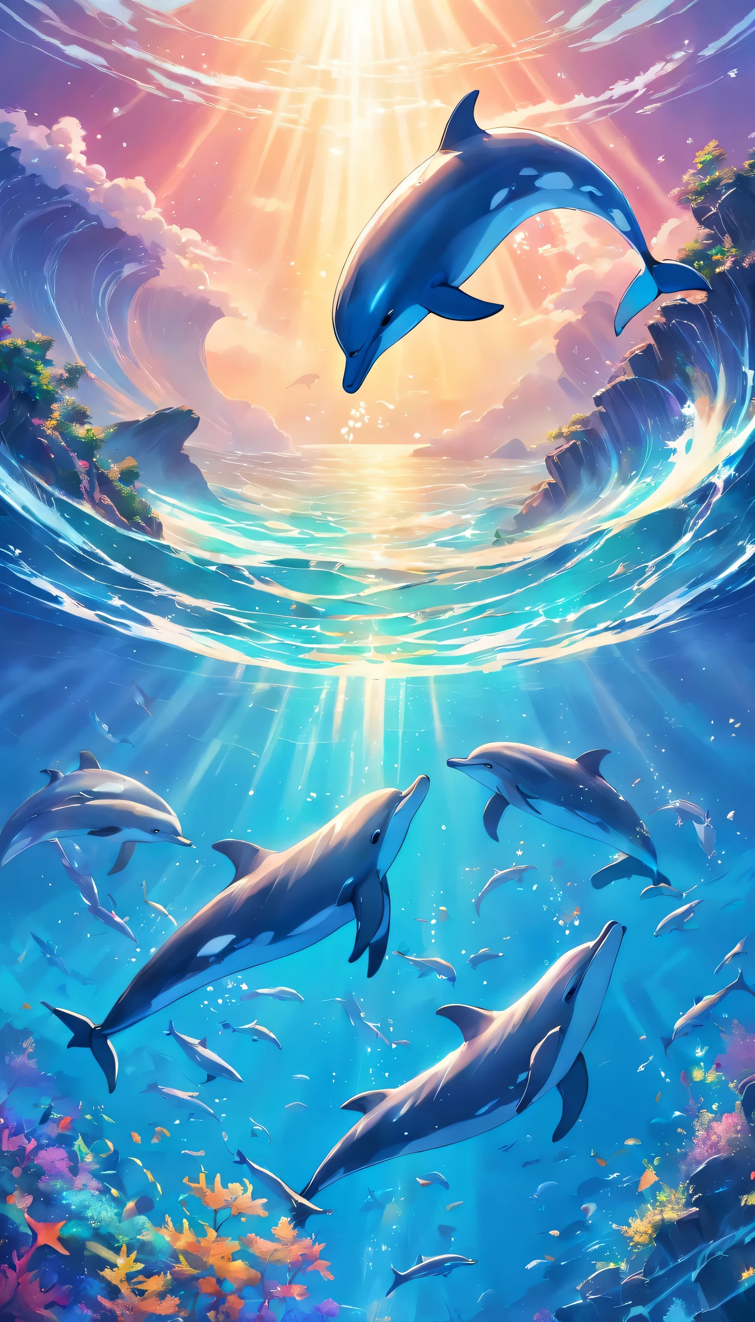 Painting of dolphins swimming in a colorful ocean., Look at the composition, Agua viva y ballenas del cielo., inspirado en Cyril Rolando, dreamy psychedelic anime, colorful anime movie background, a beautiful art illustration, Autor:shitao, arte conceptual colorido, Makoto Shinkai Cyrillo Rolando, Al estilo de Cyril Rolando, ballena voladora, acuarela muy detallada 8k, acuarela muy detallada 8k,octano,el fin,realista,8K,Estilo de Makoto Shinkai( Reasonable design, clear lines, Alta nitidez,Mejor calidad, Muy detallado, Piezas maestras, movie light effect, 4k )