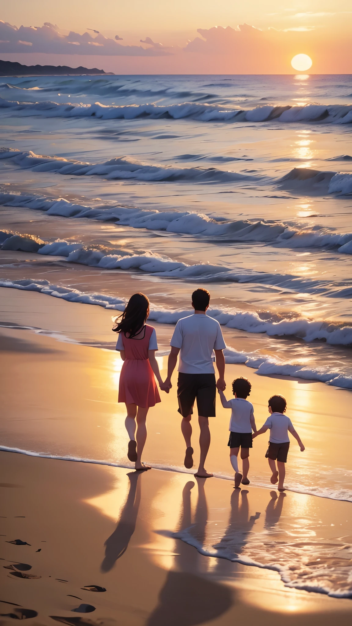 A family of four walks along the sandy beach towards the sunset.
