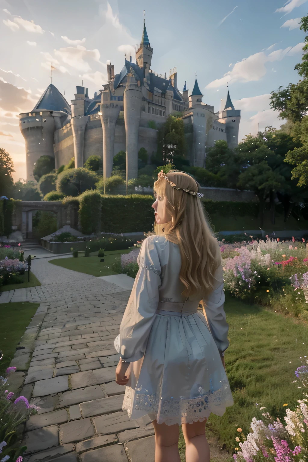 (best quality,4k,8k,highres,masterpiece:1.2),ultra-detailed,(realistic,photorealistic,photo-realistic:1.37),castle in the foreground, blonde princess with her back turned, animated style, a pathway filled with flowers at dawn

注意： The above is the complete prompt description，Should be output directly to Stable Diffusion。