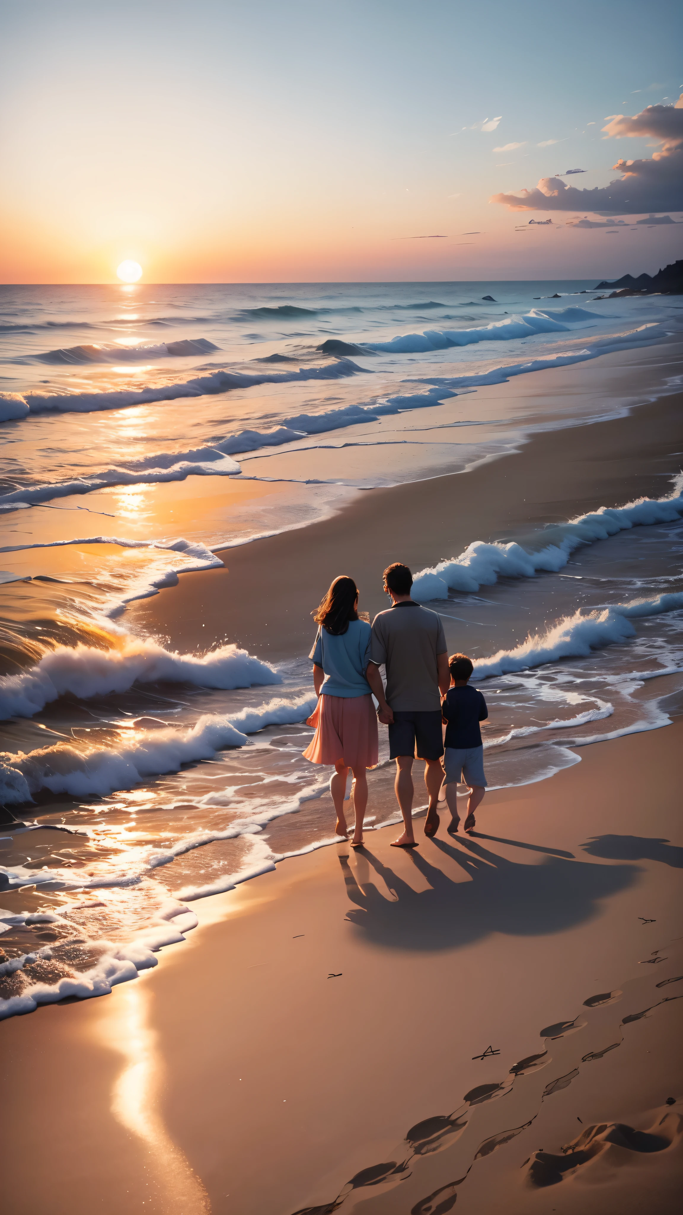 A family of four walks hand in hand on the sandy beach by the sea in the evening towards sunset.、smile、smile,detailed person
