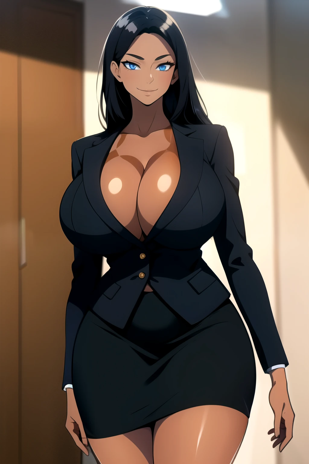 masterpiece, best quality, absurdres, 8k, perfect shadows,perfect lighting,hdr, cowboy shot,shiny skin,skindentation, beautiful body, NamiFinal, ((black hair: 1.4)), long hair, blue eyes, (c(black skirt suit:1.1), pencil skirt, miniskirt,curvy, thighs, cleavage, highheels, shiny clothes, skin tight), complex detailed background, inside, luxury palace) (gigantic breasts,hourglass body, thin waist,very slim waist)extremely detailed face,detailed eye makeup, detail face, nice detailed eyes,nice hands, perfect hands (realistic pupils,realistic iris:1) heavy eye makeup,glowing eyes, Bright eyes,standing,standing at attention,(seductive smile), gigantic breasts, curvy, (( tan skin: 1.1))