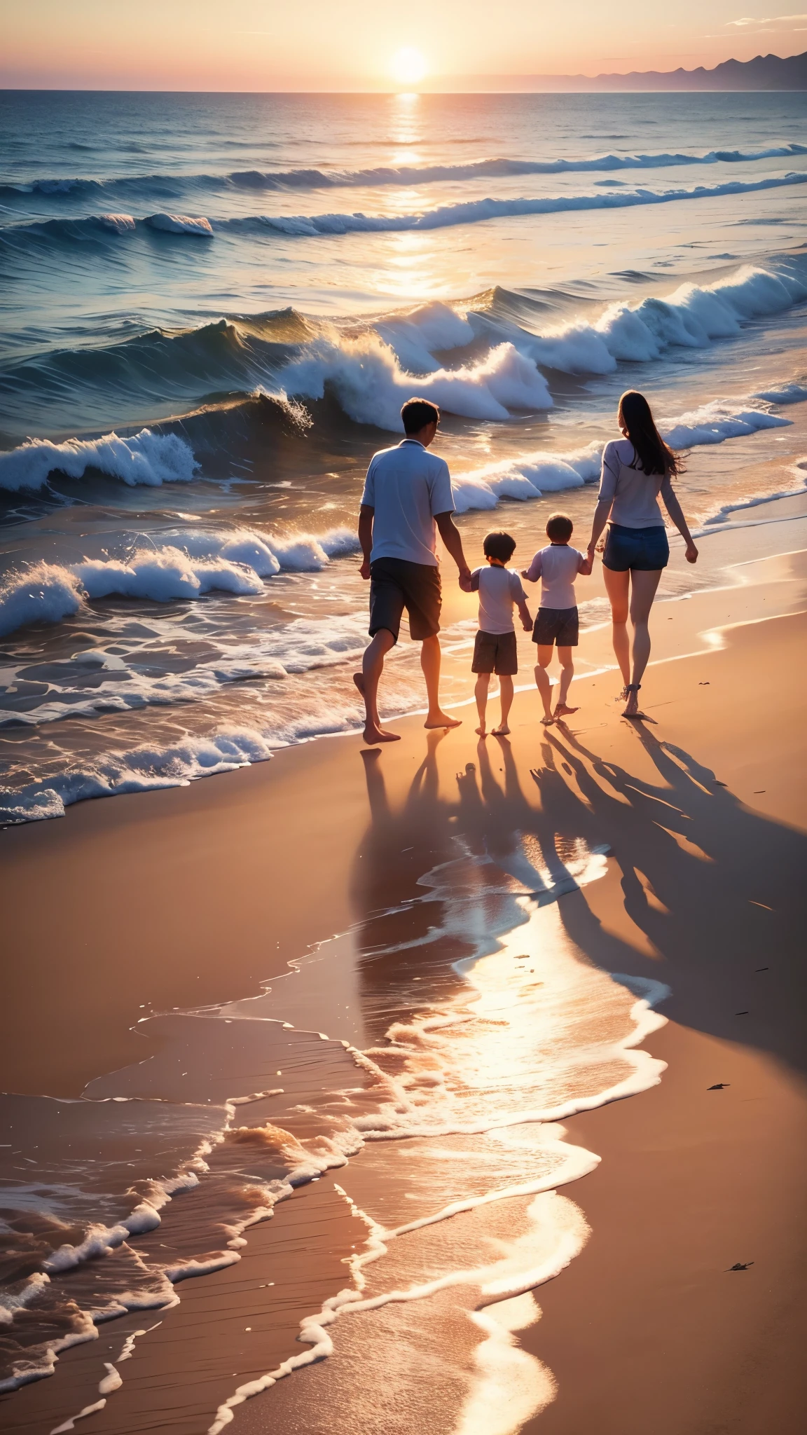 A family of four walks hand in hand on the sandy beach by the sea in the evening towards sunset.、smile,detailed person