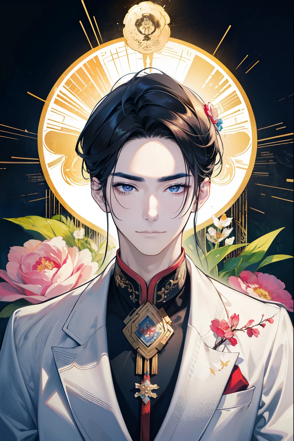 (Hoang Lap,High resolution,super detailed),1 male,As an adult,good looking,tall muscular male,broad shoulders,high quality eyes,dark hair,Asian,fanciful,complicated pattern,detailed face,Optimal ratio of 4 fingers and 1 thumb,icy,intense cold,cold wave,smile,(dutch angle),please shut your mouth,cold personality,overwhelmingly beautiful,Eyebrows become a picture,A young general with peach blossom eyes