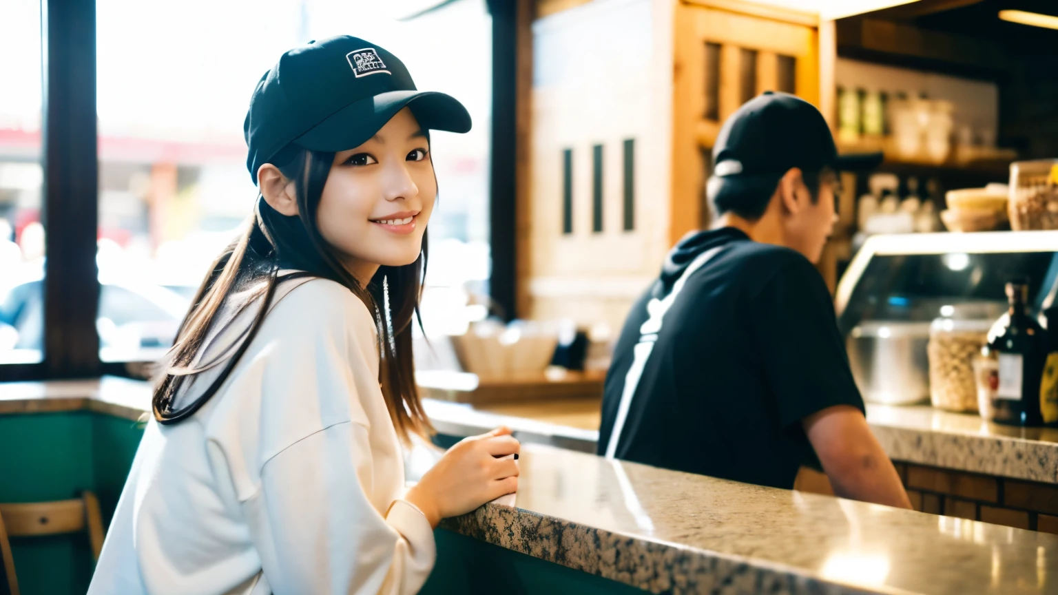 (8K, Raw photo, highest quality, masterpiece:1.2), (realistic, photo-realistic:1.4), (Highly detailed 8K wallpaper), perfect female body, famous japanese idol, 20 year old girl, boyish Japanese model,sportswoman, light brown hair,sportswear,Return from jogging,cap hat ,inside a stylish cafe, I can see other customers enjoying themselves too.。At the back of the cafe、Staff are busy working at the counter。