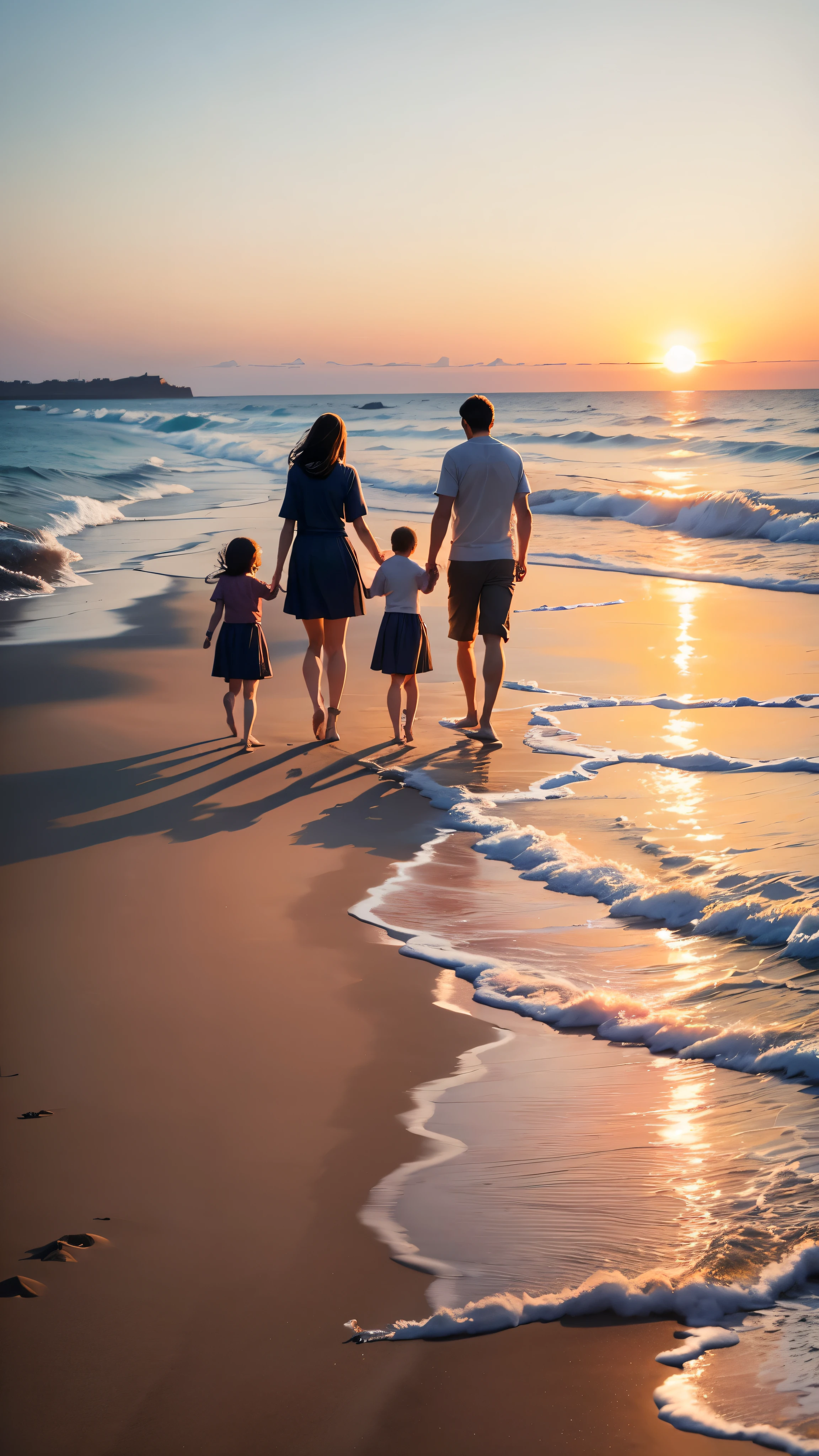 A family of four walks hand in hand on the sandy beach by the sea in the evening towards sunset.、smile
