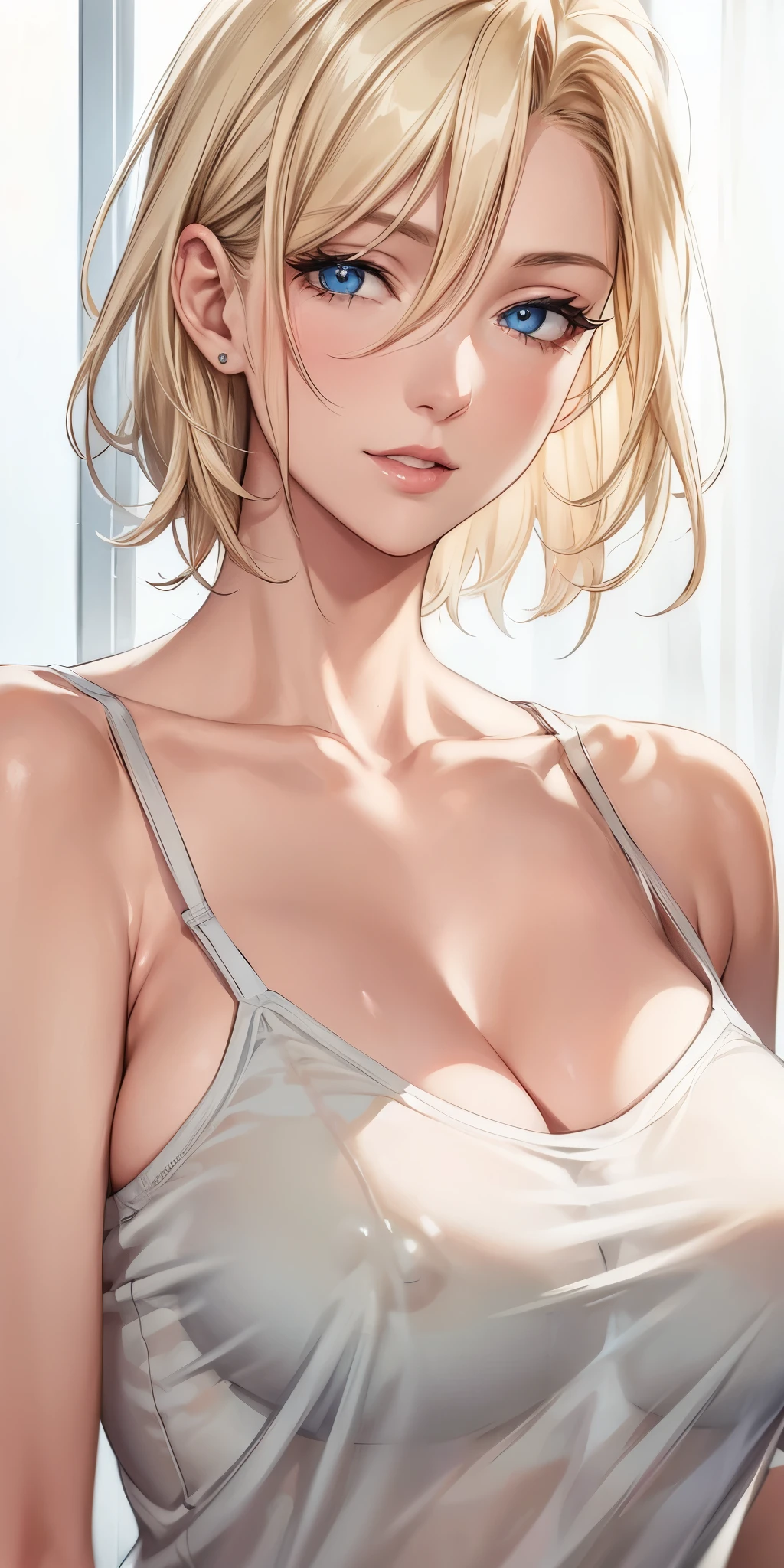 portrait, portrait, Elegant mature woman, blue eyes, blonde, big breast, transparent camisole, see through nipple, high resolution cg 8k, beautiful cg, soft light