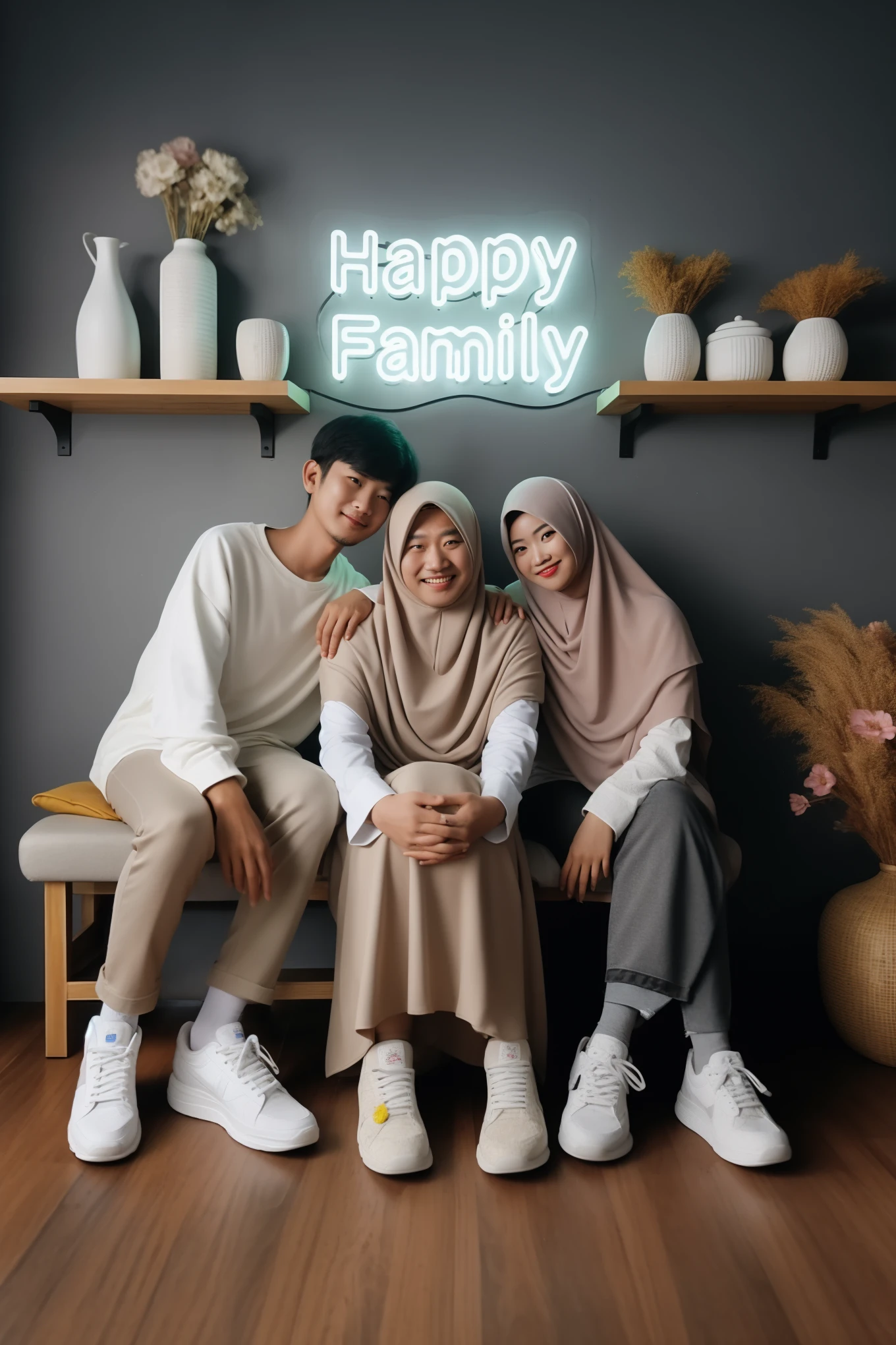 there are three people sitting on a bench in front of a happy family sign, happy family, an indonesian family portrait, ๐น๏ธ ๐ ๐ซ ๐ค ๐ฌ, barong family, family portrait, profile picture 1024px, # oc, #oc, instagram picture, family, ๐๐คก, by Basuki Abdullah, family photo